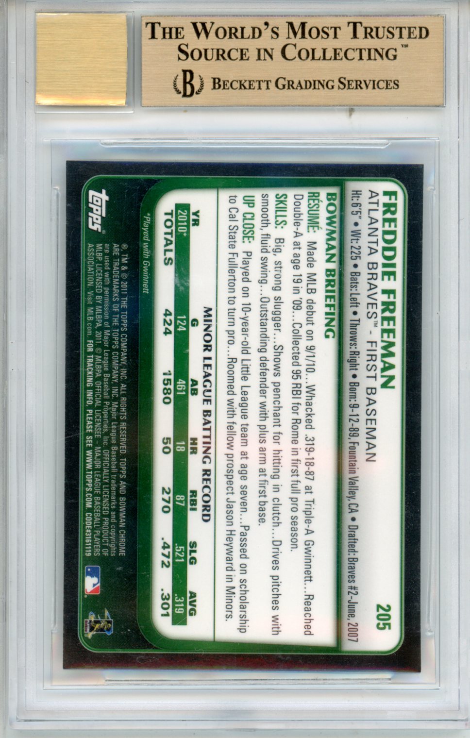2011 Bowman Chrome Rookie Autographs Freddie Freeman #205 BGS 9.5