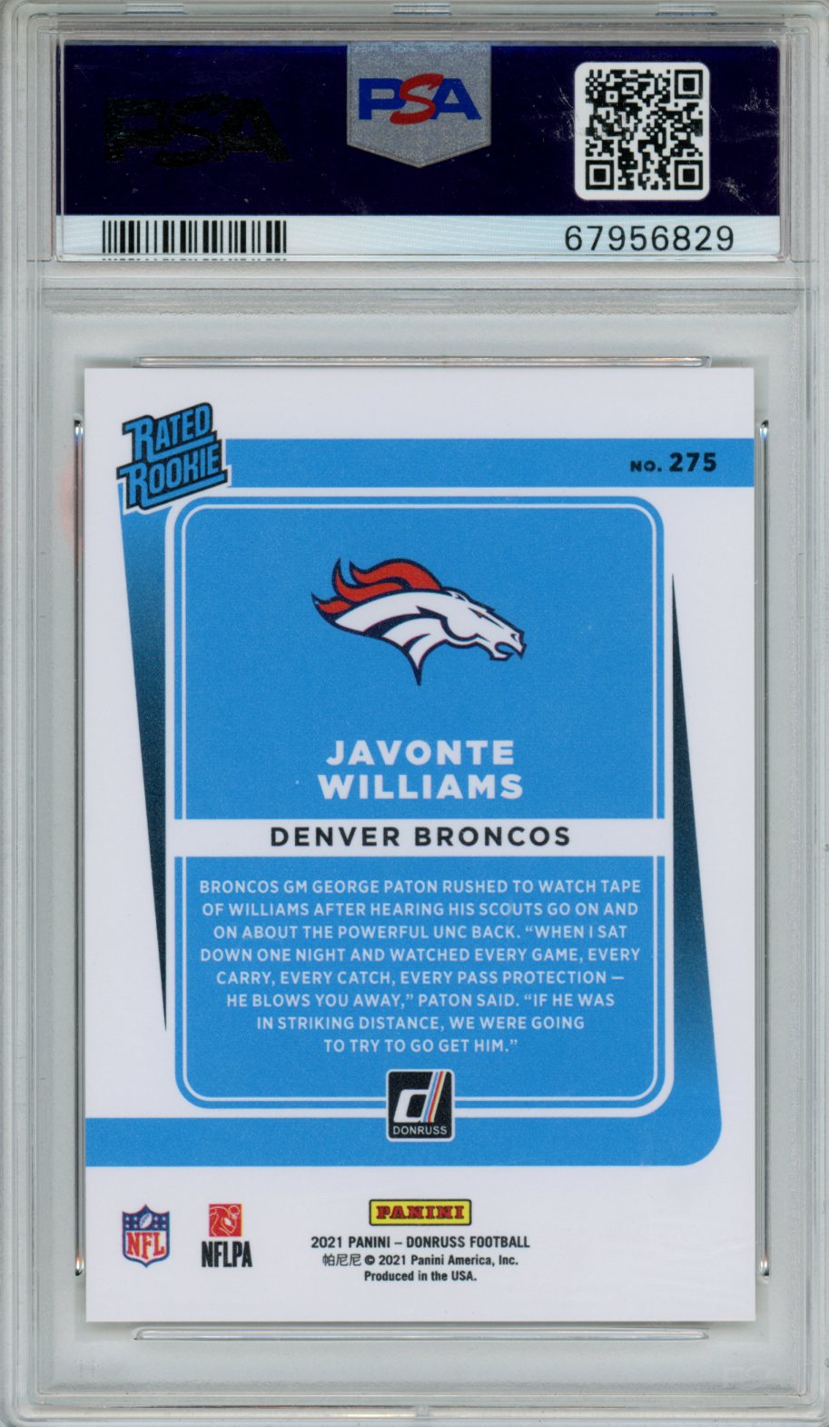 2021 Donruss Javonte Williams Press Proof Premium Rookie #275 PSA 10 Broncos