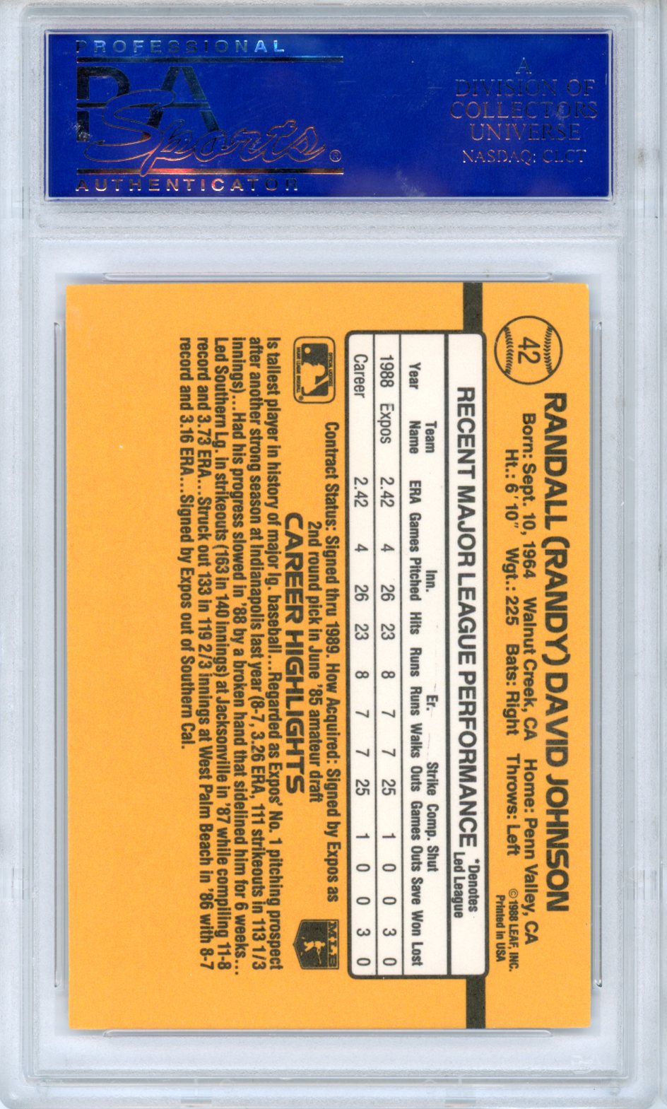 1989 Donruss Randy Johnson #42 PSA 10