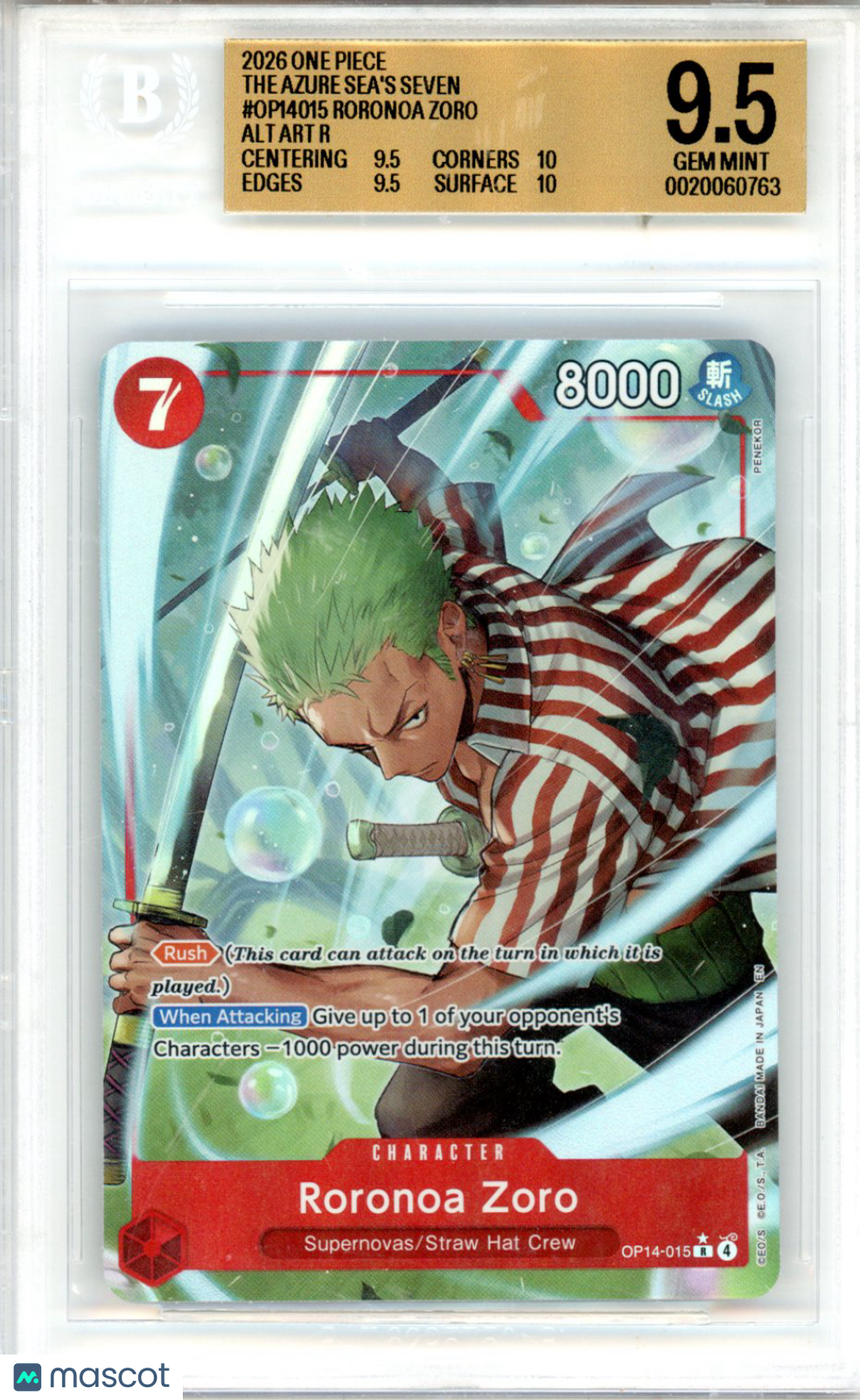 2026 One Piece Card Game The Azure Sea's Seven Roronoa Zoro ALT ART BGS 9.5