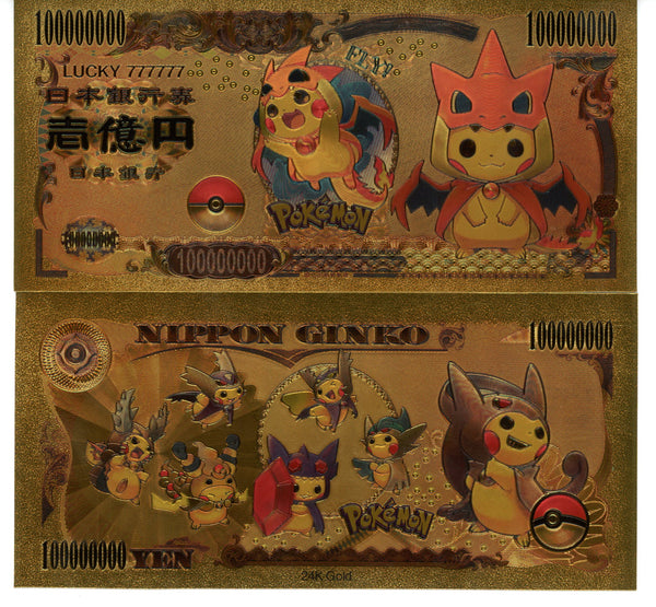 Pokemon Novelty Collectible Pokey Bucks Commemorative Banknote Gold Poncho Picachu Mega Charizard Y
