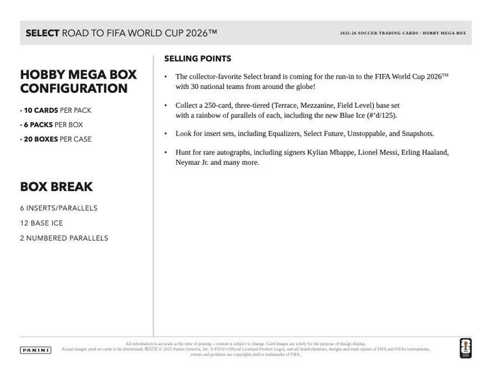 Hobby 2025/26 Panini Select FIFA Road to World Cup Soccer Mega Box (Blue Ice)