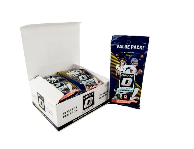 Two (2) Packs of 2024 Donruss Optic Football Value Pack Cello 12 Card Fat Pack (Green Velocity Inserts)