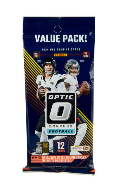Two (2) Packs of 2024 Donruss Optic Football Value Pack Cello 12 Card Fat Pack (Green Velocity Inserts)