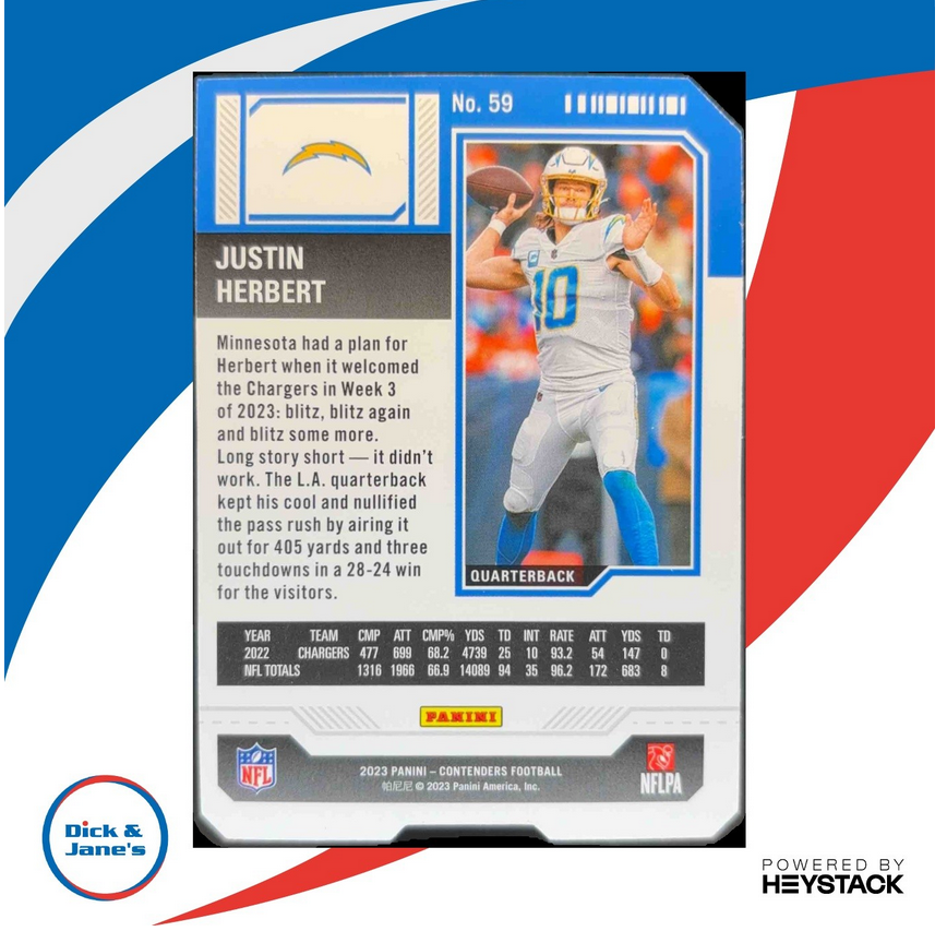 2023 Panini Contenders Justin Herbert Season Ticket Stub 2/10 #59 Chargers Rare!