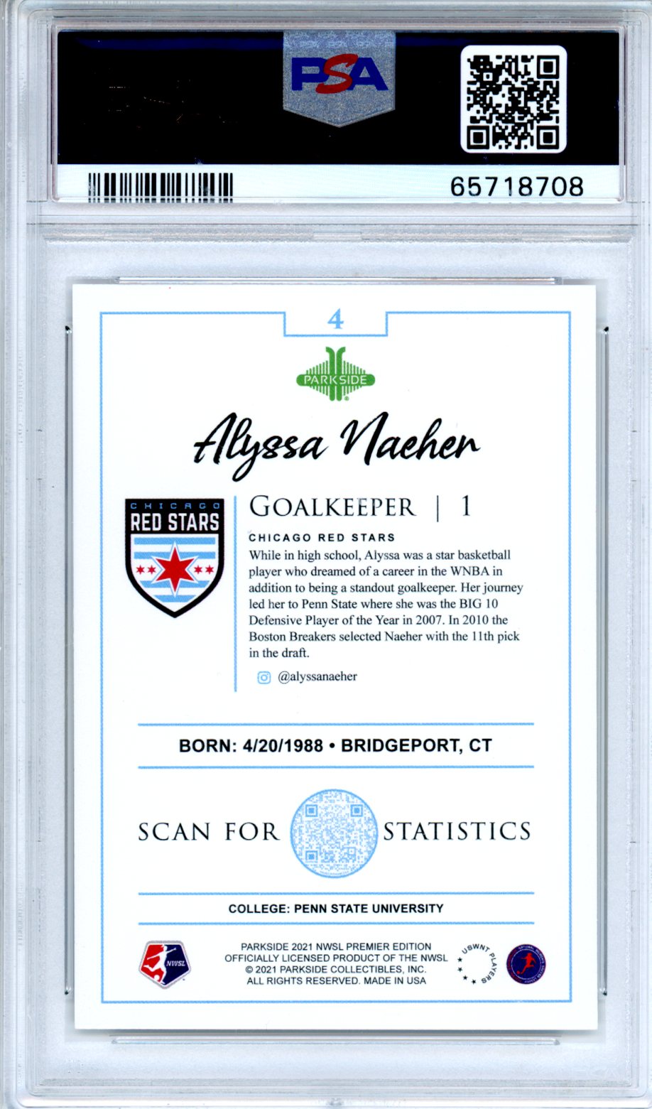 2021 Parkside Nwsl Premier Edition Alyssa Naeher #4 PSA A