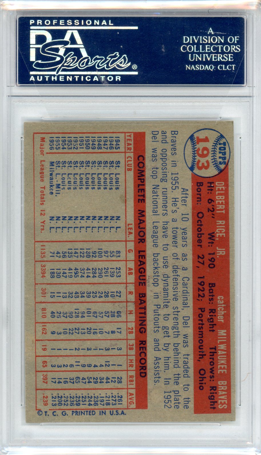 1957 Topps Del Rice #193 PSA 7 Milwaukee Braves
