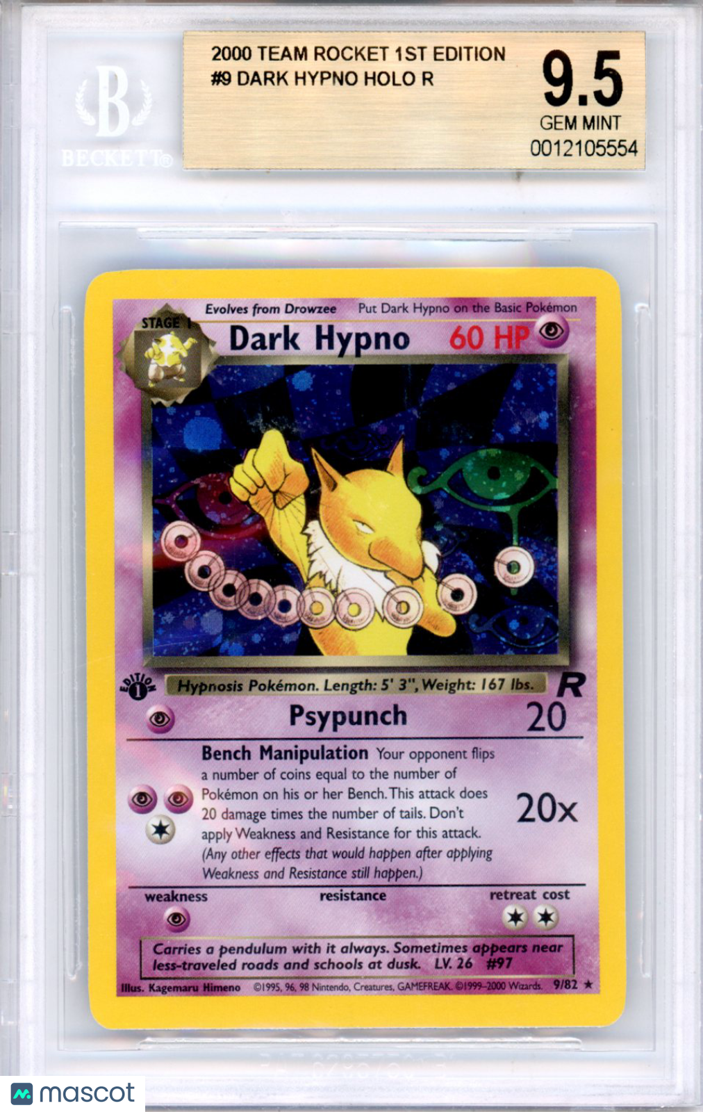 2000 Pokemon Team Rocket 1st Edition Dark Hypno HOLO R #9 BGS 9.5
