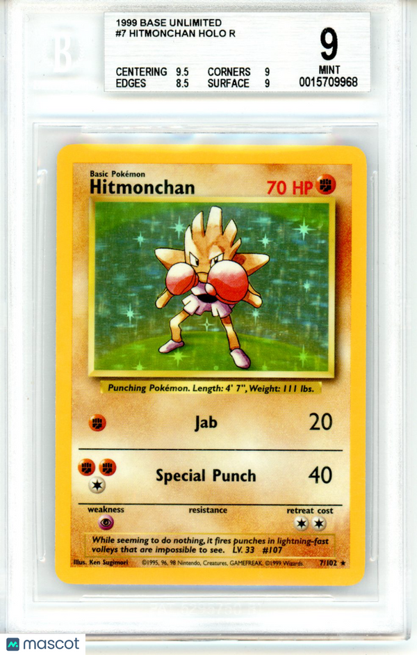 1999 Pokemon Base Unlimited Hitmonchan #7 BGS 9