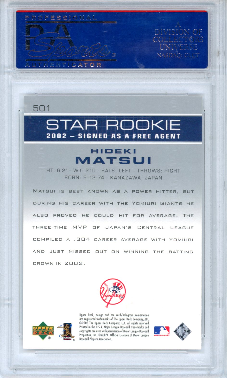 2003 Upper Deck Hideki Matsui #501 PSA 10