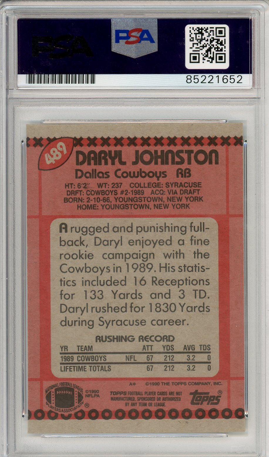 1990 Topps #489 Daryl Johnston On Card Auto Dallas Cowboys PSA Authentic