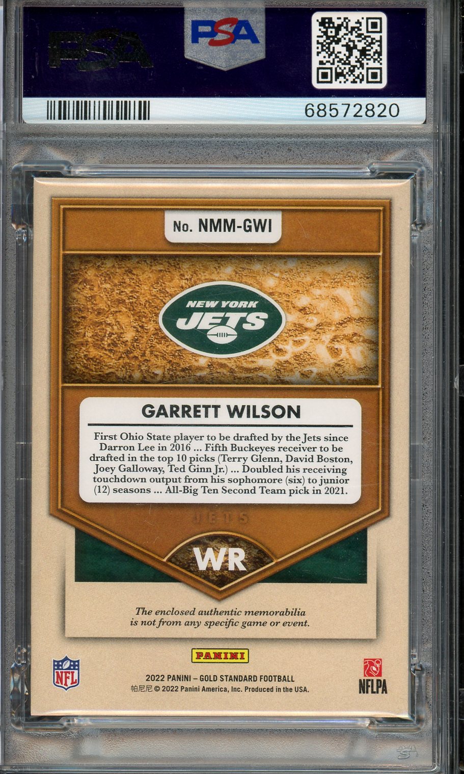 2022 Gold Standard Newly Minted Memorabilia Garrett Wilson Prime Rookie PSA 9