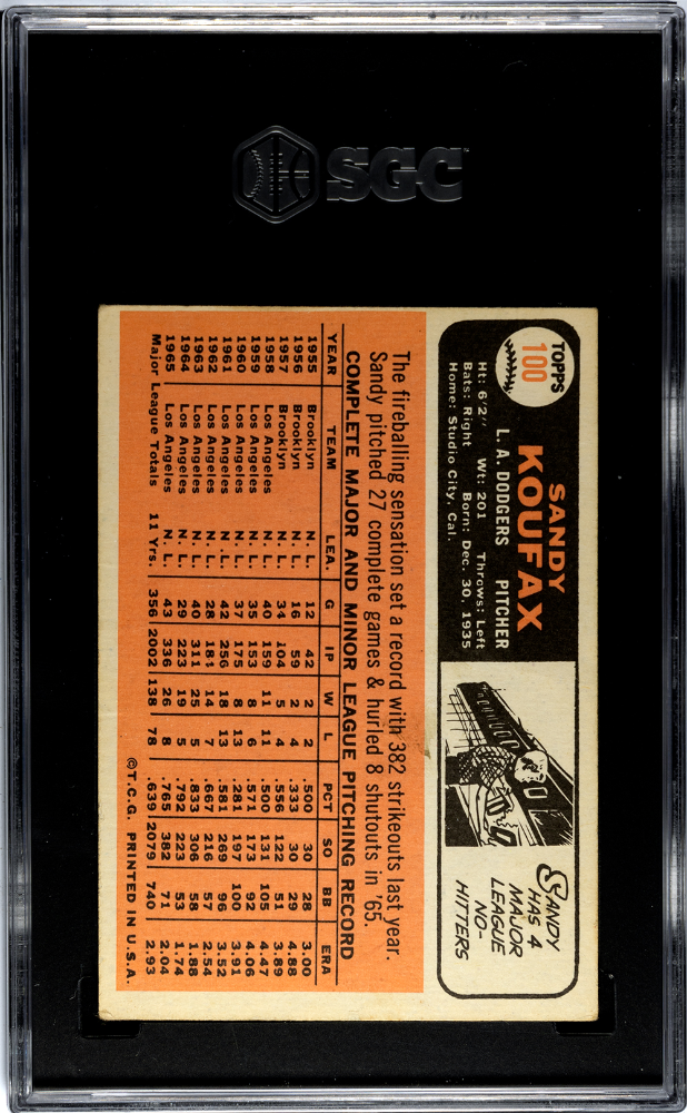 1966 Topps Sandy Koufax #100 SGC 2 Los Angeles Dodgers - Graded Sports Cards