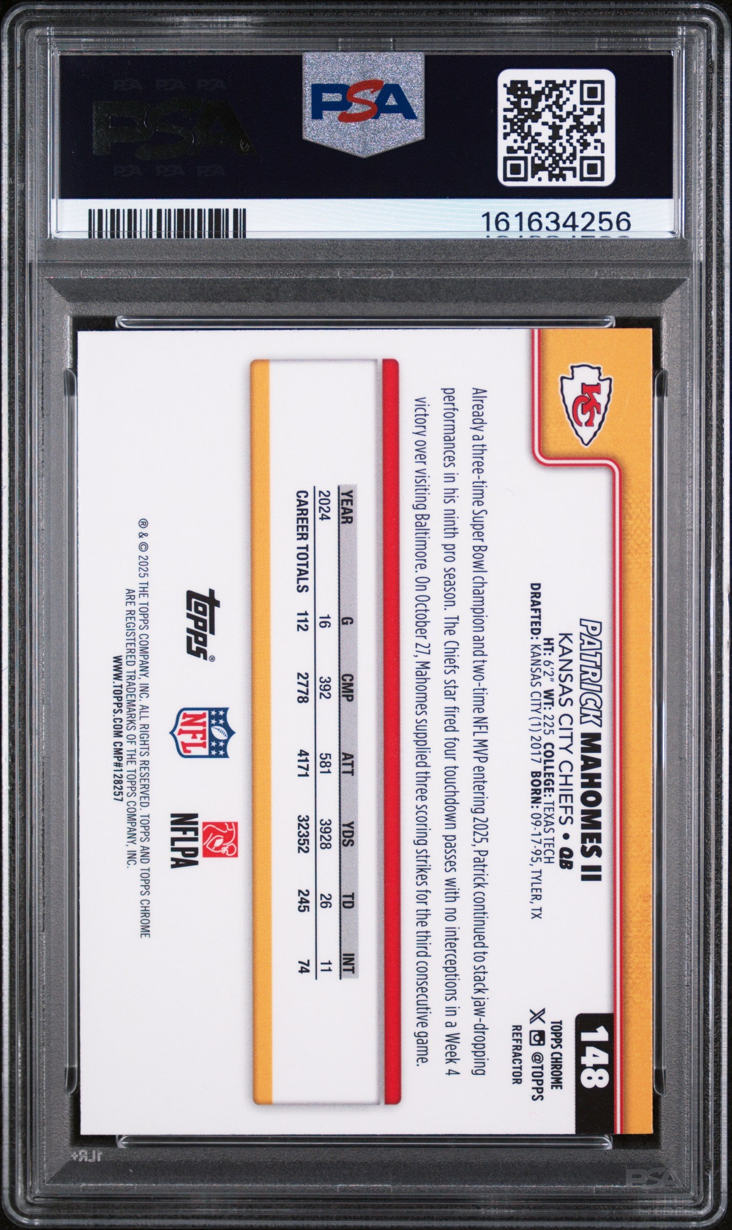 2025 Topps Chrome Patrick Mahomes II Refractor #148 PSA 10 Kansas City Chiefs