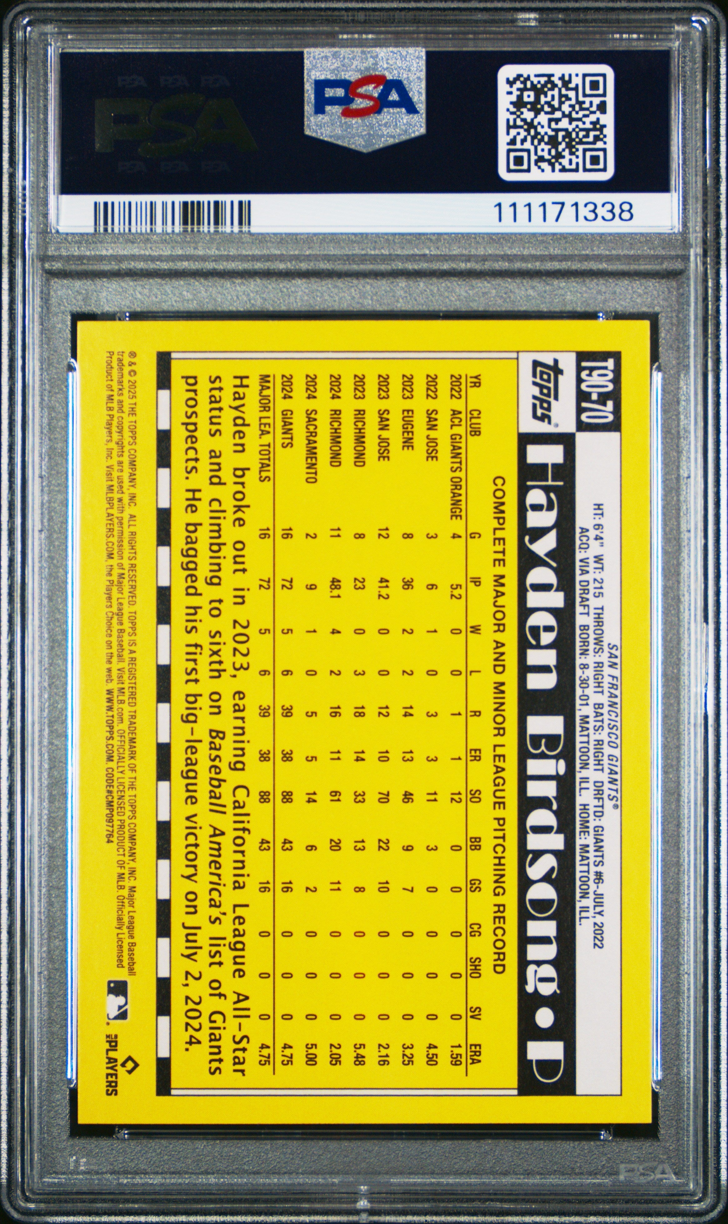 2025 Topps 1990 Hayden Birdsong Rookie #T9070 PSA 9 San Francisco Giants