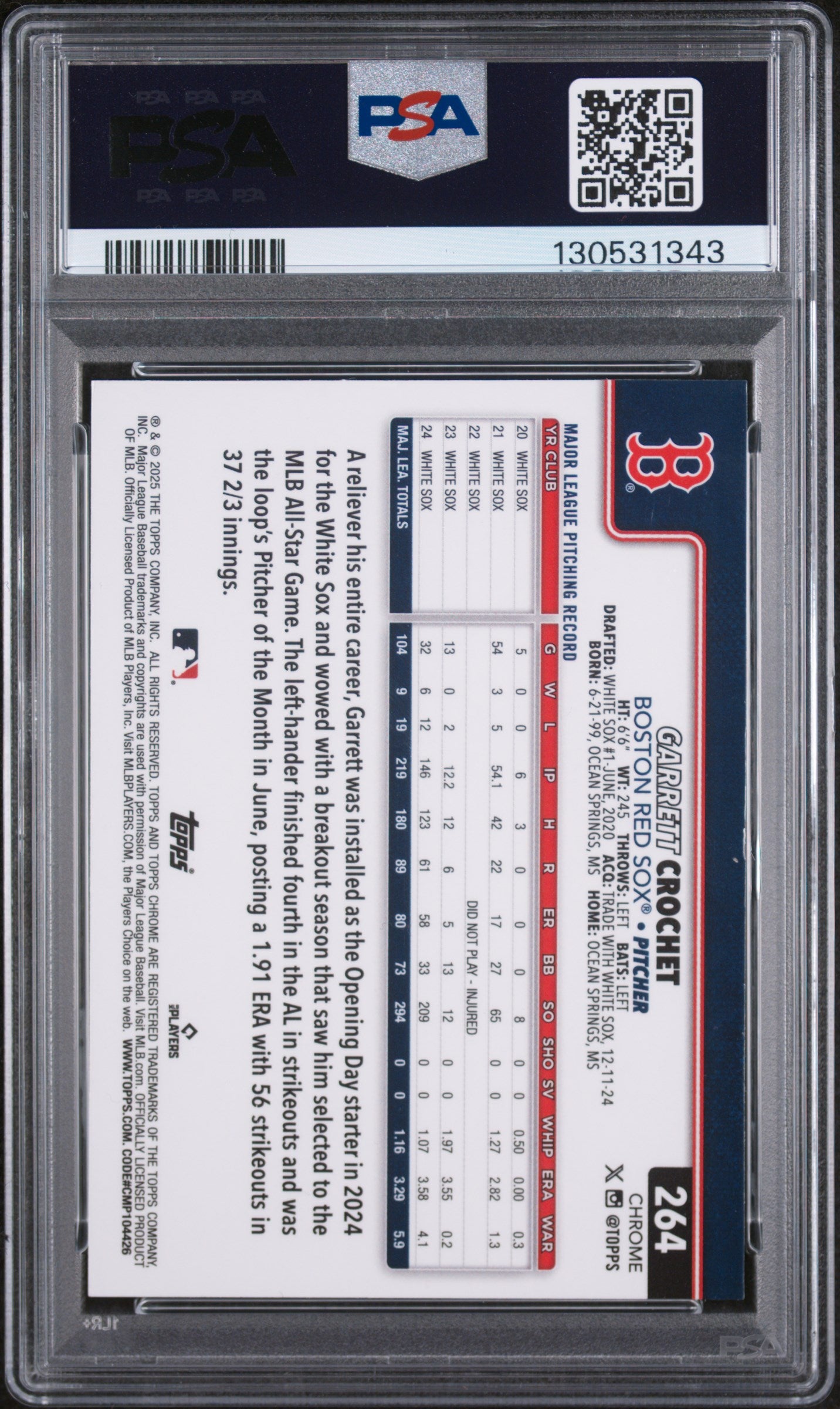 2025 Topps Chrome Garrett Crochet Aqua Refractor 168/199 #264 PSA 8