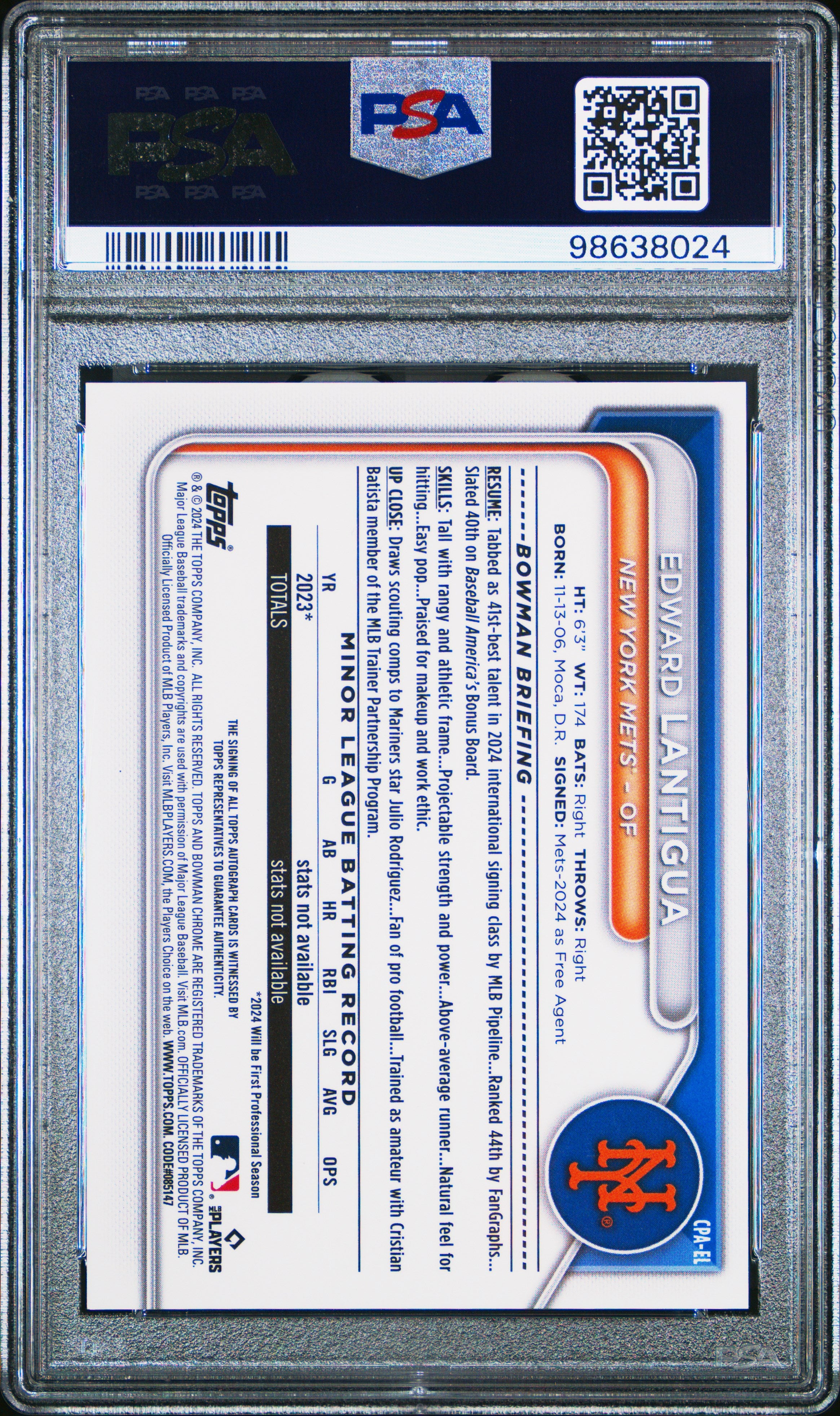 2024 Bowman Chrome Prospect Autographs Edward Lantigua HTA Choice REF /150 PSA 9
