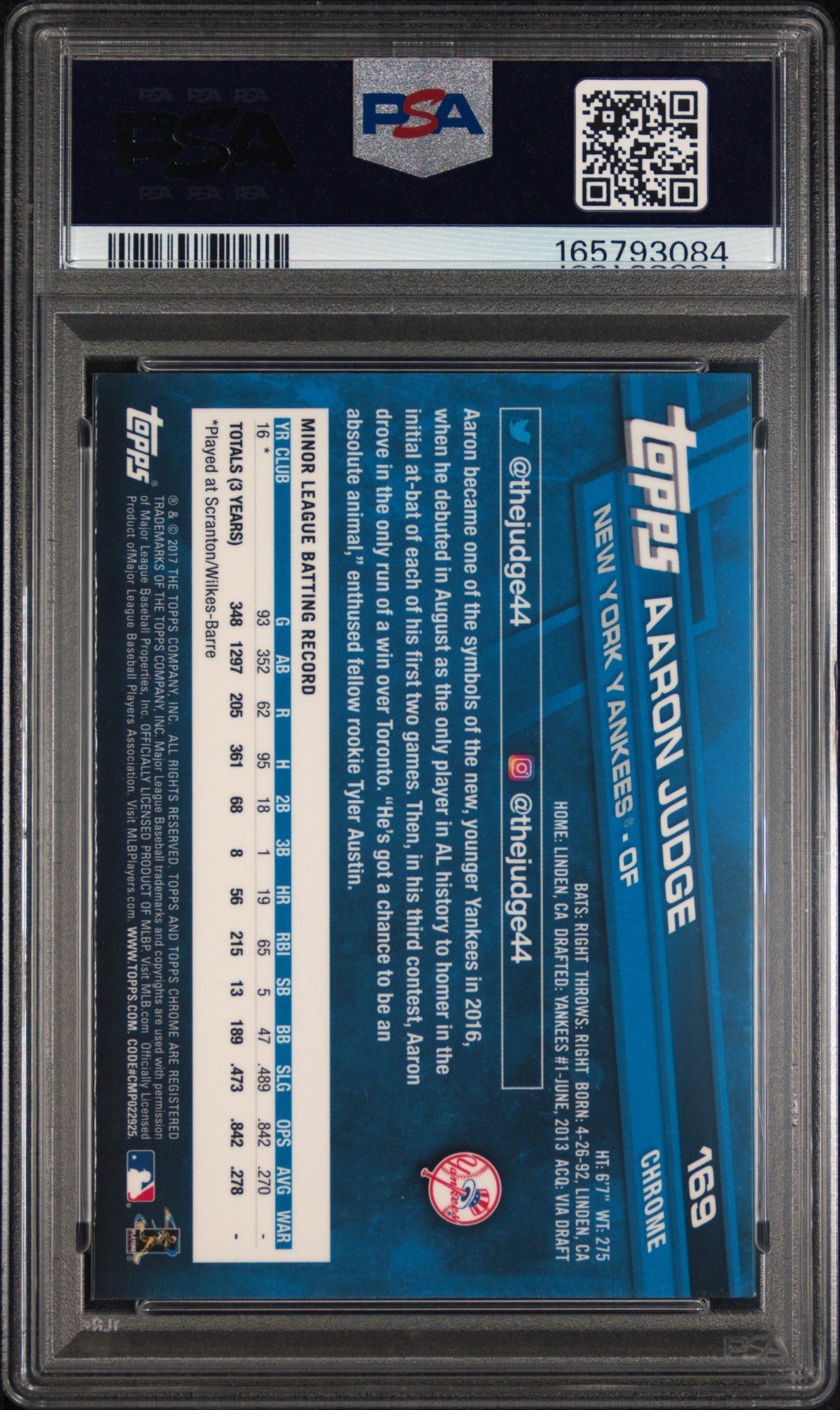 2017 Topps Chrome Aaron Judge #169 PSA 9