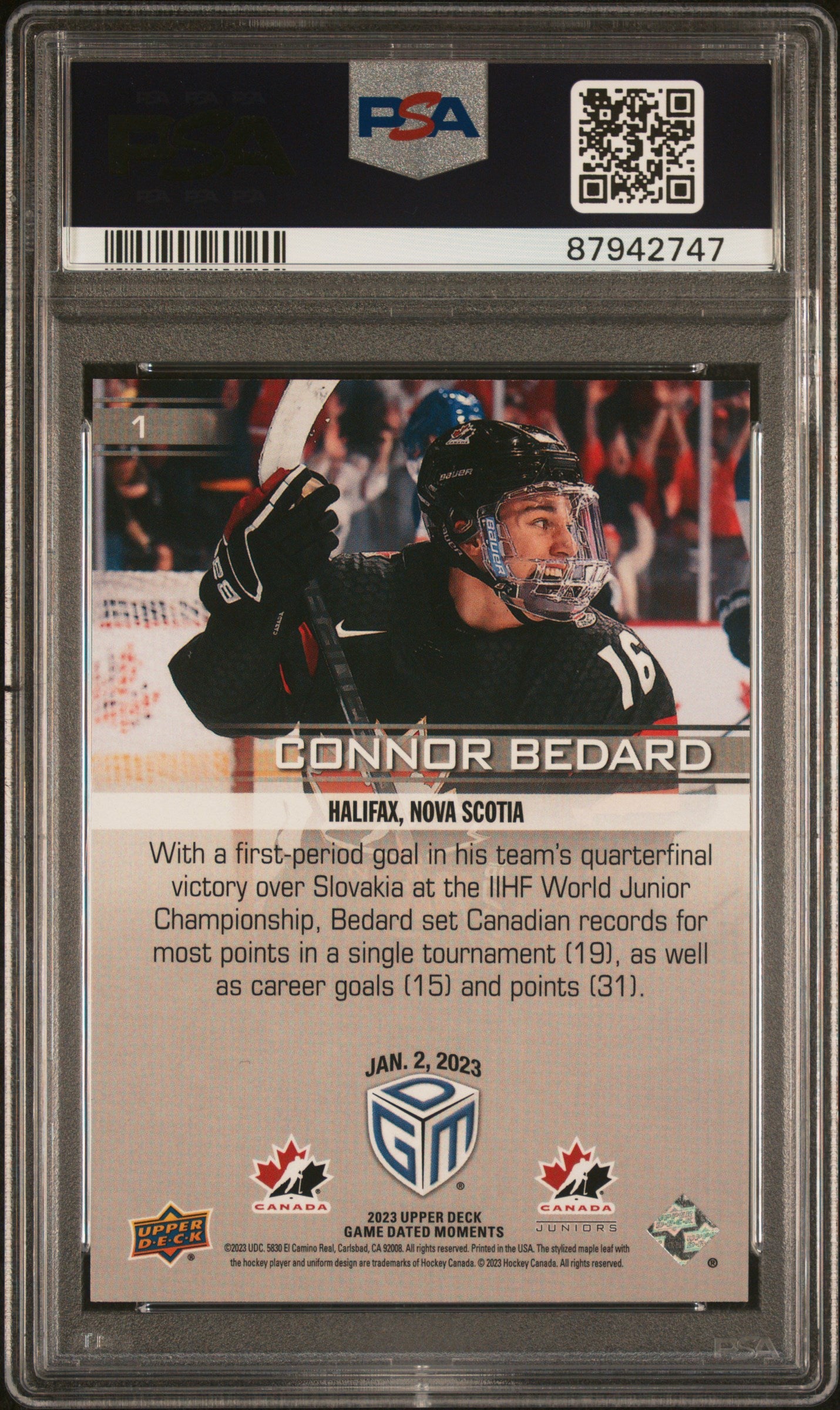 2023 Upper Deck Game Dated Moments Connor Bedard #1 PSA 9 Toronto Maple Leafs