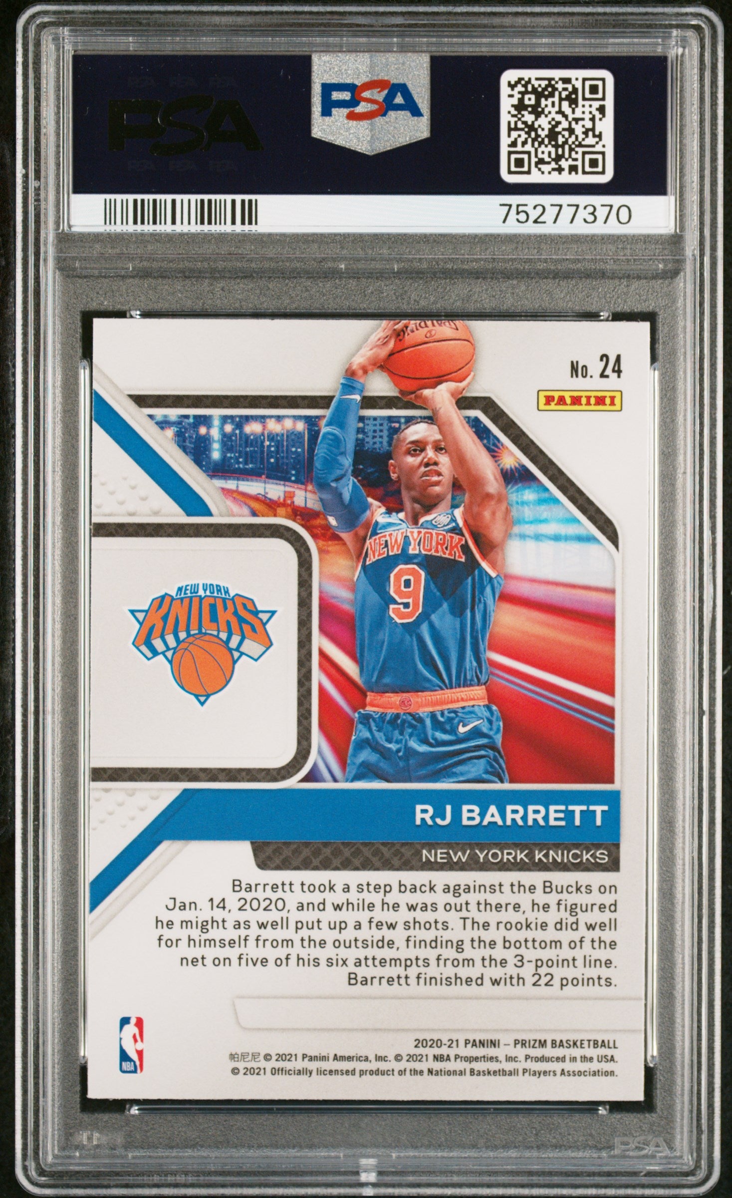 2020 Panini Prizm Downtown Bound RJ Barrett #24 PSA 10