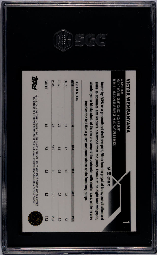 2023 Topps Chrome Victor Wembanyama Pink Refractor Rookie #1 SGC 9 San Antonio