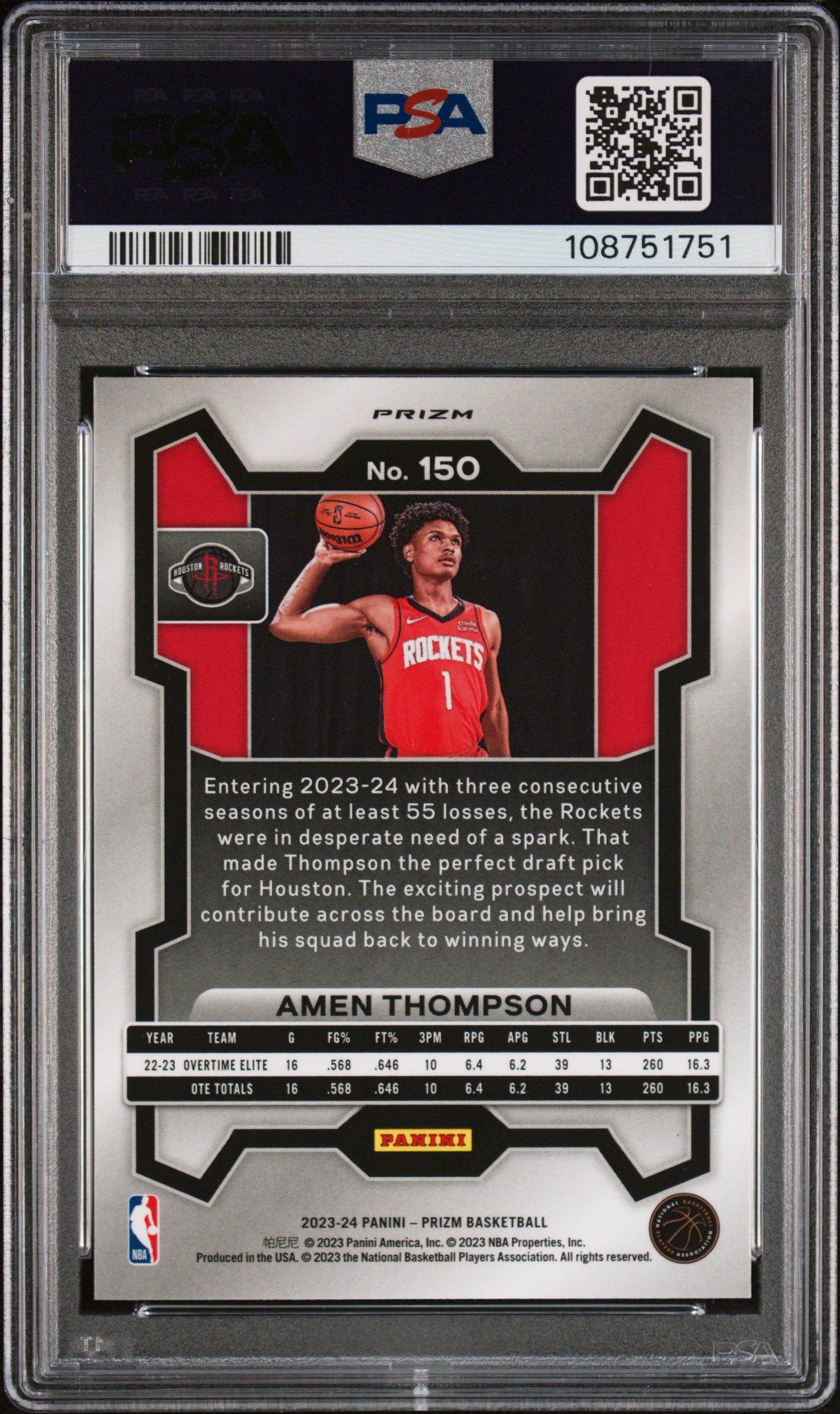 2023 Panini Prizm Amen Thompson Red Sparkle #150 PSA 10
