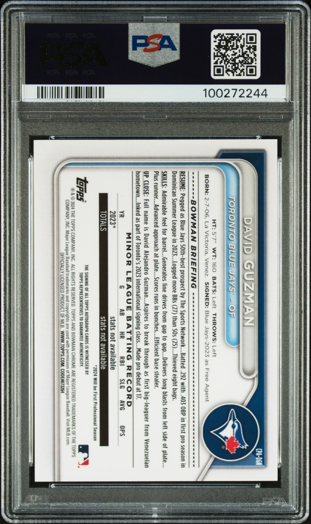 2024 Bowman Chrome Prospect Autographs David Guzman BluE Lunar Ref /150 PSA 10