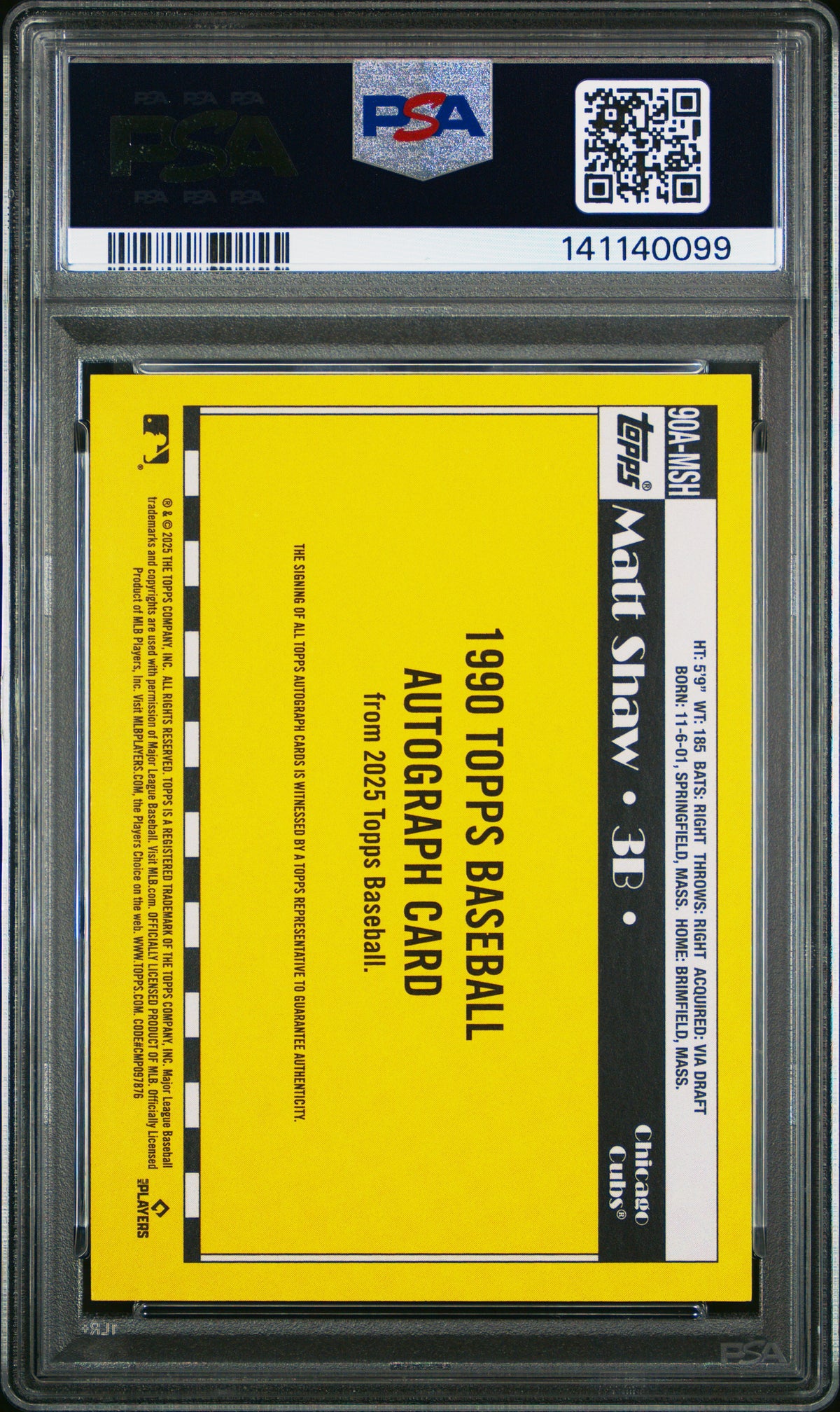 2025 Topps Update 1990 Topps Baseball Autographs Matt Shaw PSA 10 GEM MINT
