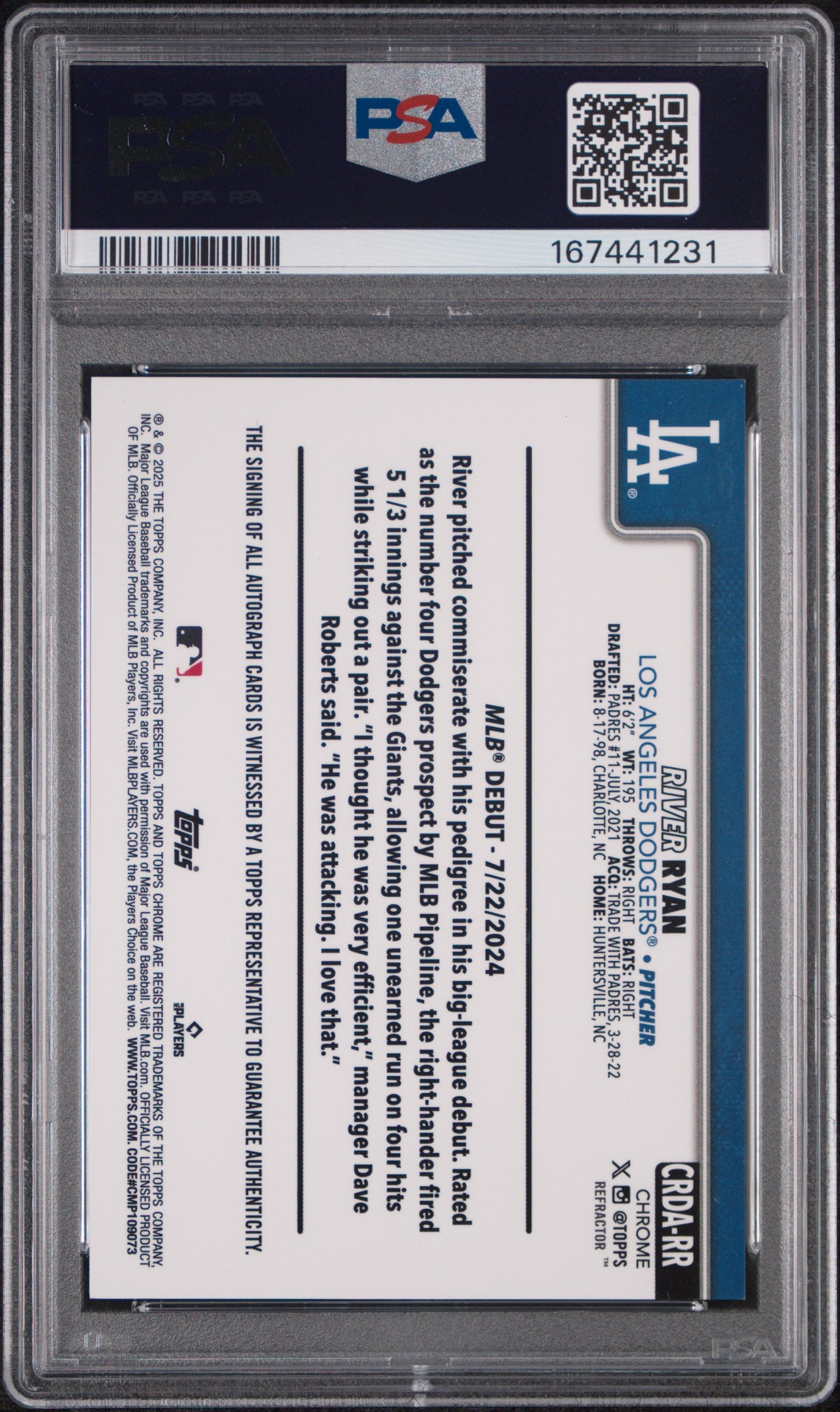 2025 Topps Chrome Update Rookie Debut Autographs River Ryan Refractor #RR PSA 9