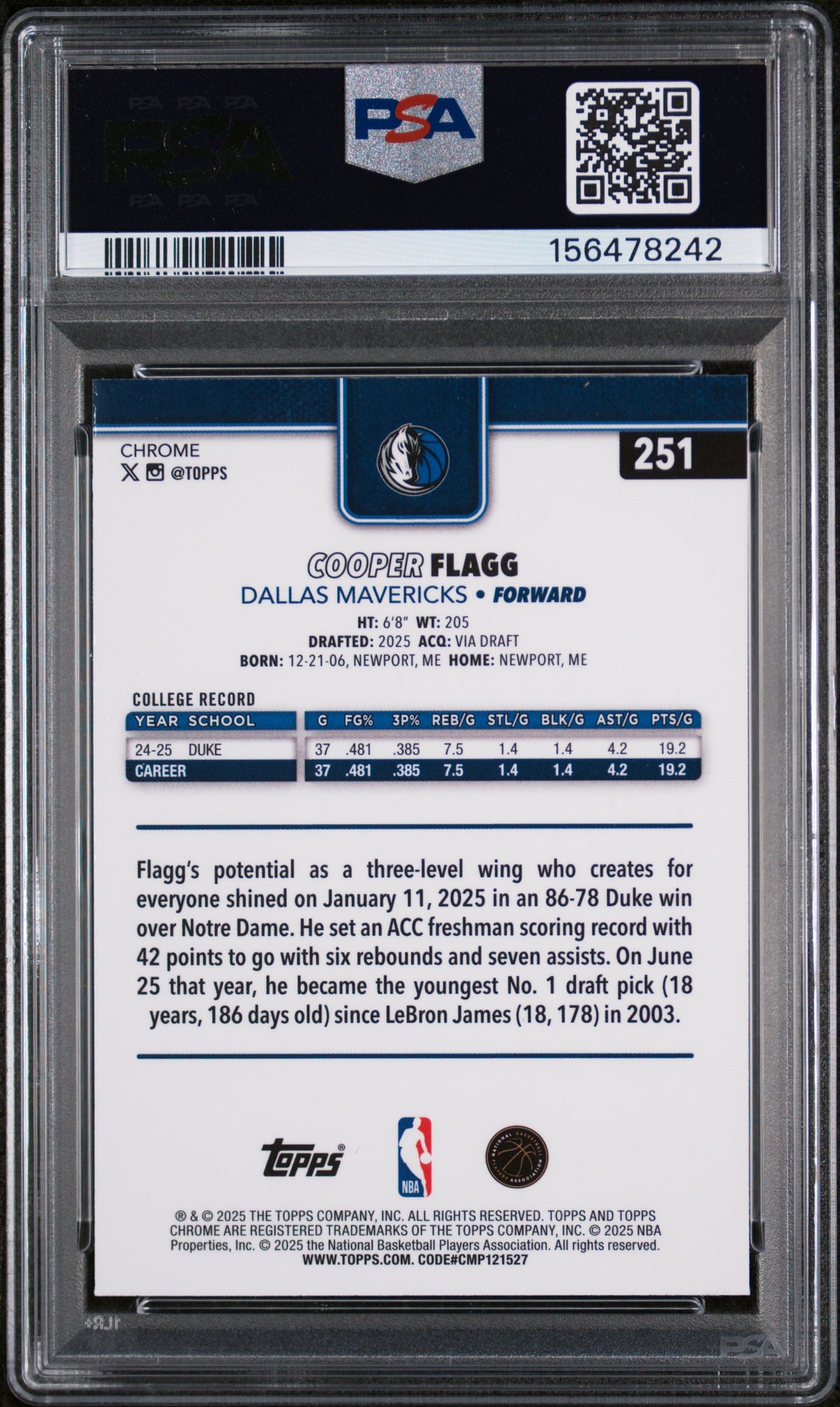 2025 Topps Chrome Cooper Flagg Pulsar Rookie #251 PSA 8 Dallas Mavericks