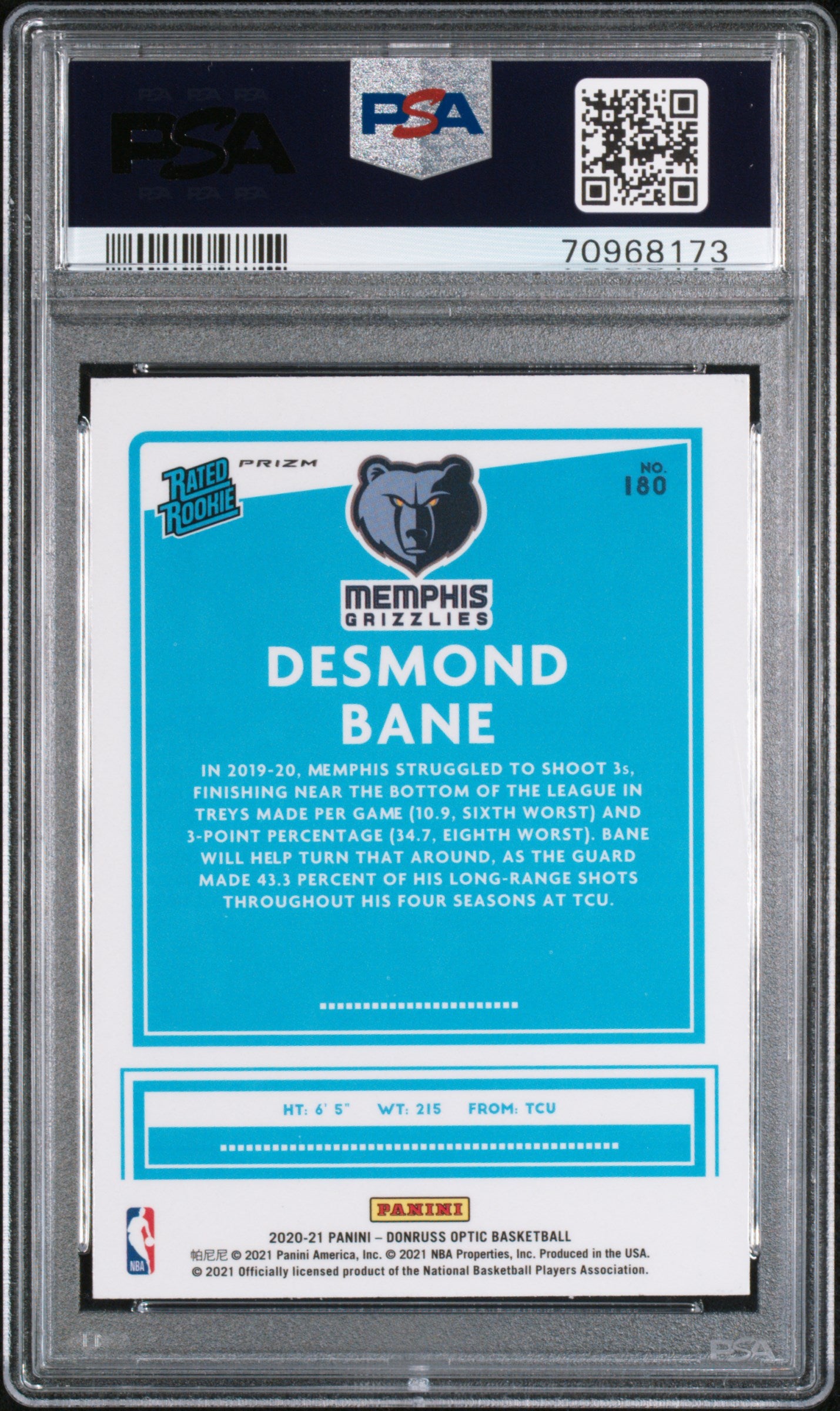 2020 Donruss Optic Desmond Bane Hyper Pink Rookie #180 PSA 9 Memphis Grizzlies