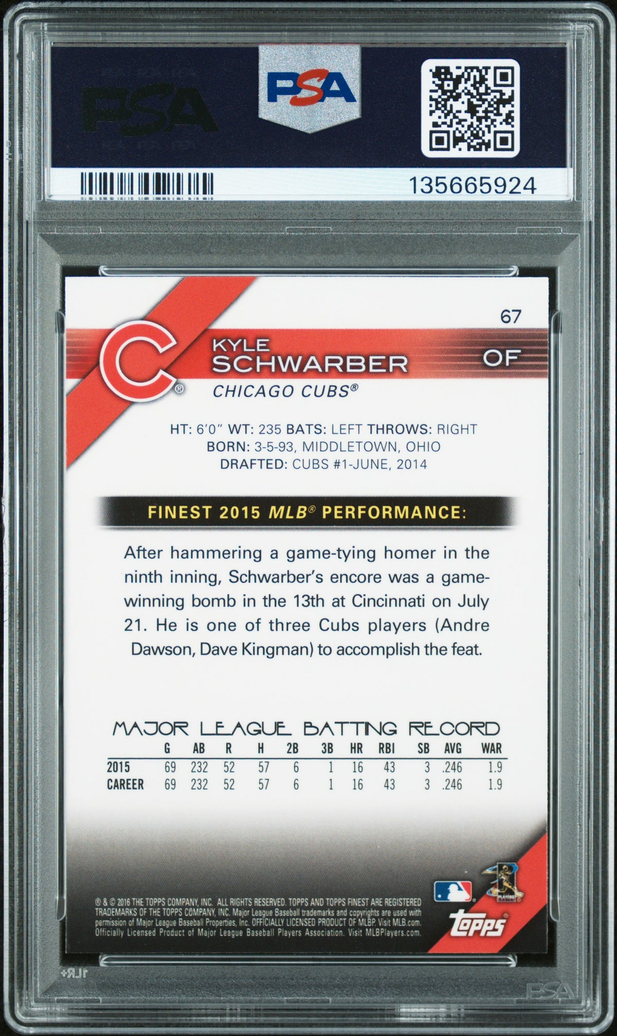 2016 Finest Kyle Schwarber ROOKIE #67 PSA 10 GEM MINT Chicago Cubs