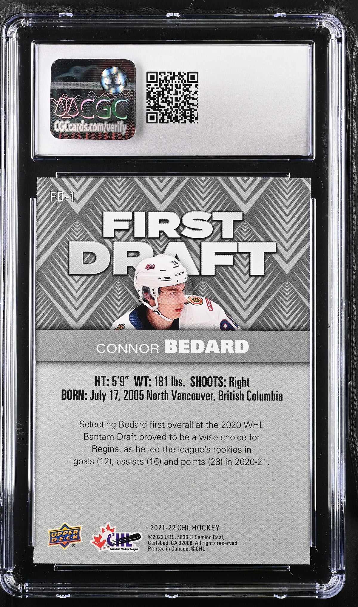 2021-22 Upper Deck CHL Connor Bedard Rookie First Draft #FD-1 CGC 9.5 MINT+