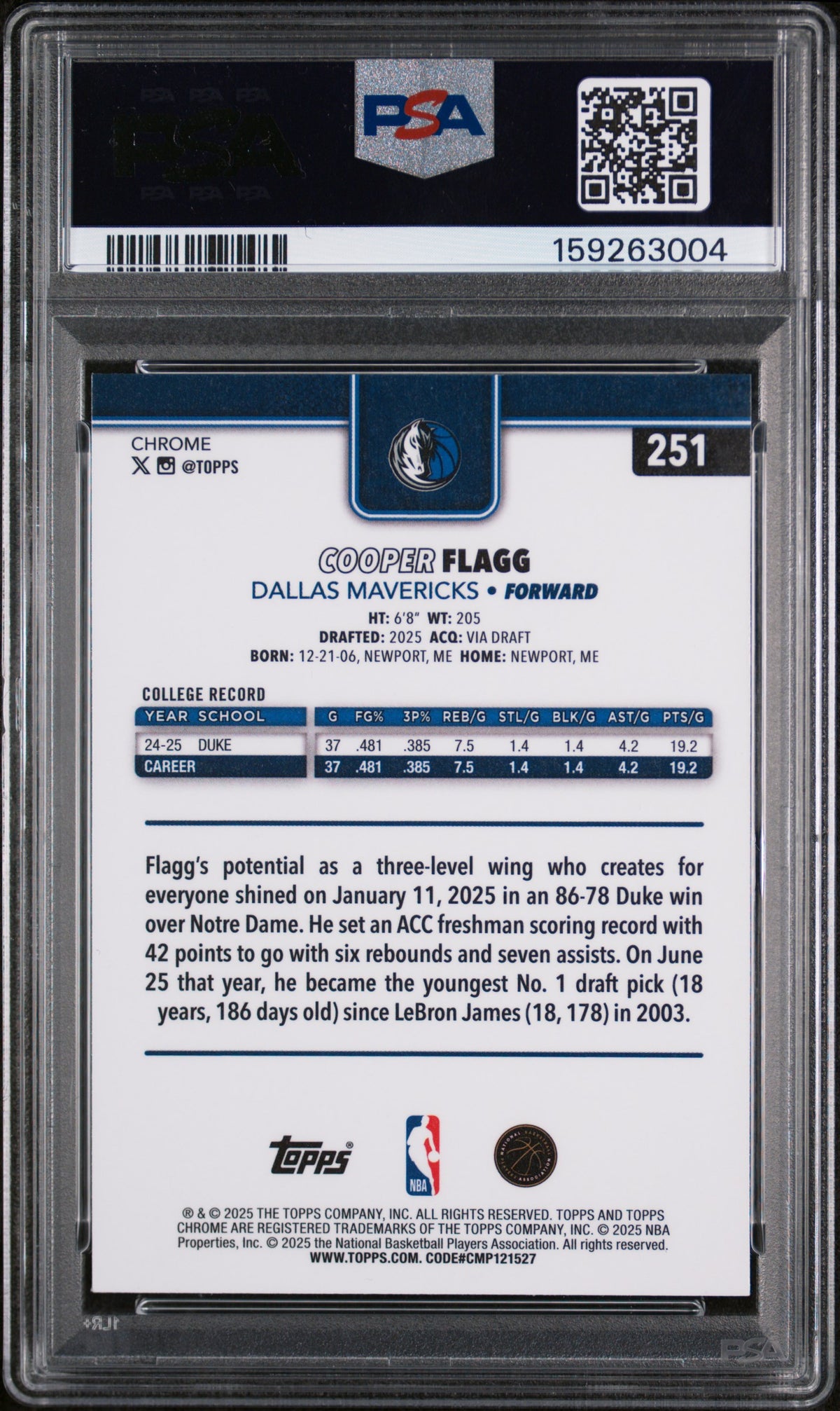 2025 Topps Chrome Cooper Flagg Red White And Blue Ref Rookie #251 PSA 8