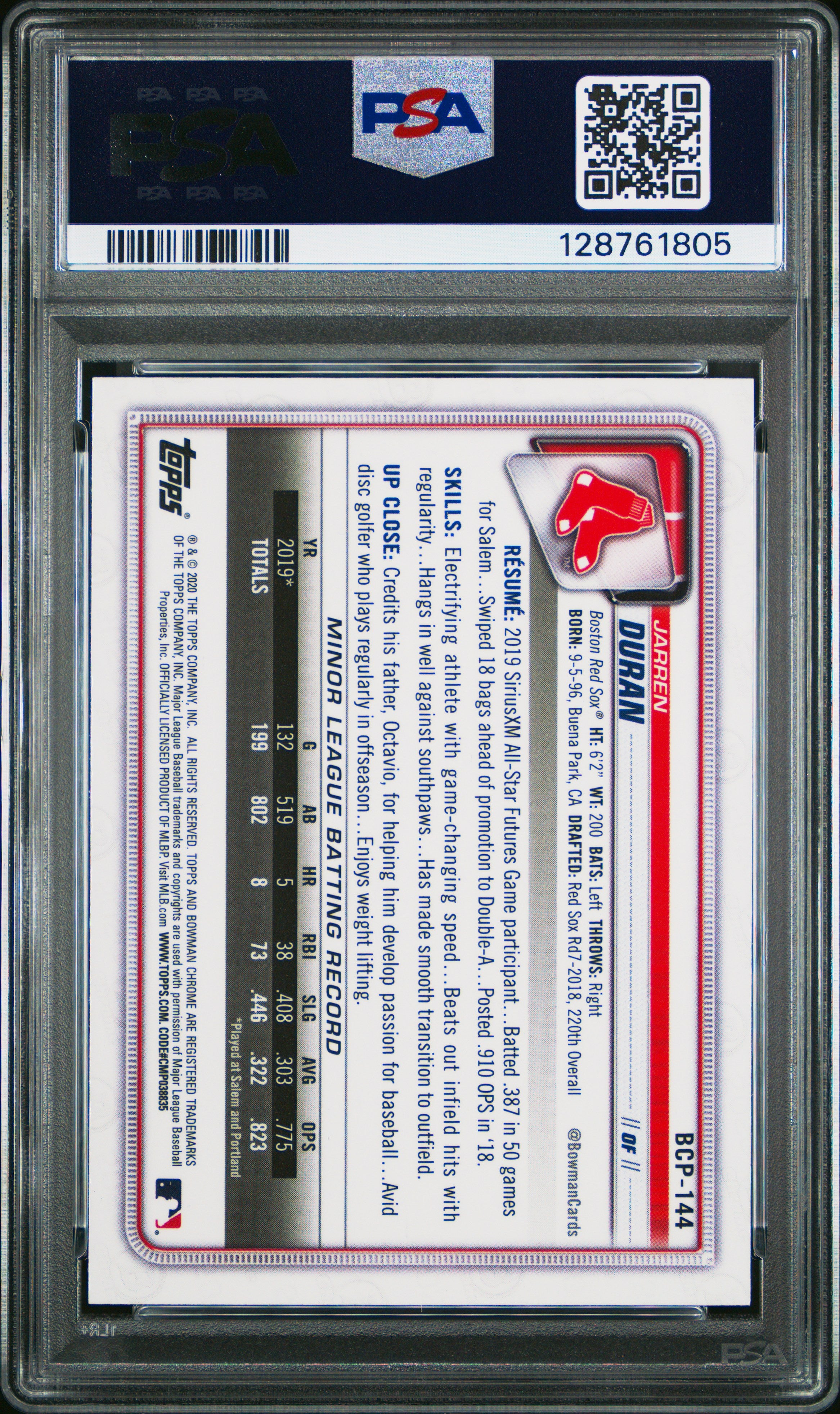 2020 Bowman Chrome Mega Box Jarren Duran #BCP144 PSA 10