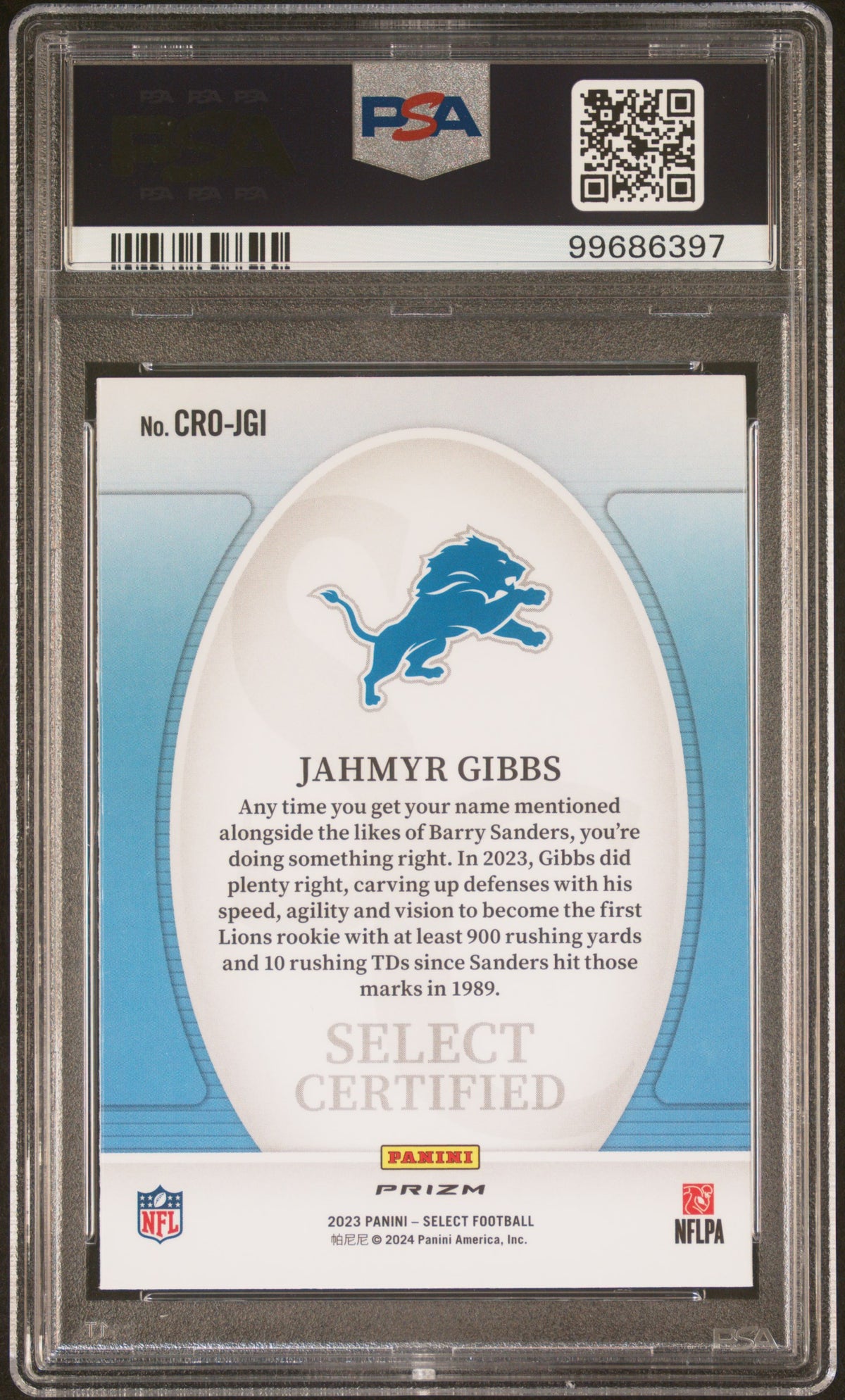 2023 Panini Select Select Certified Rookies Jahmyr Gibbs Zebra PR #CROJGI PSA 10
