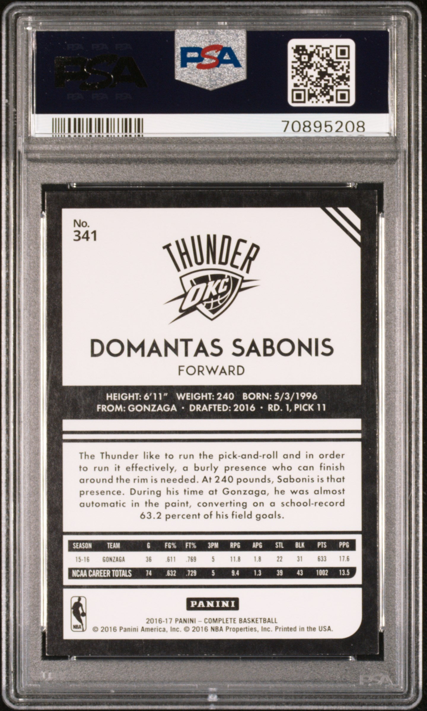 2016 Panini Complete Domantas Sabonis Silver #341 PSA 8