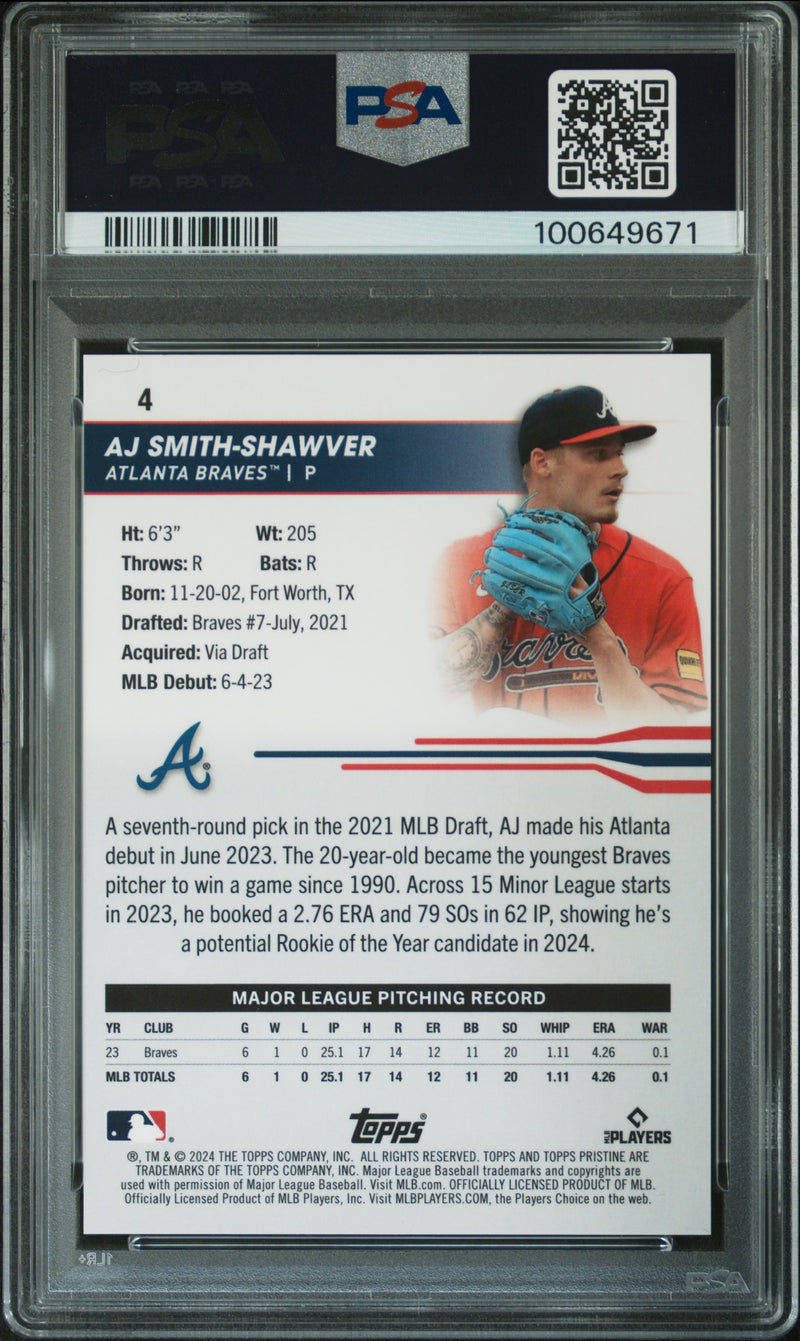 2024 Topps Pristine AJ Smith-Shawver Red Refractor #4 PSA 10 GEM MINT #d 3/5
