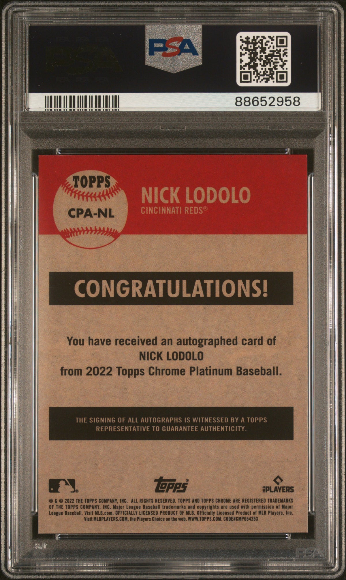 2022 Topps Chrome Platinum Anniversary Autograph Nick Lodolo #NL PSA 10