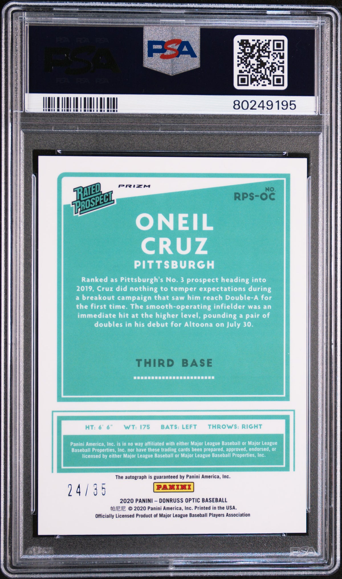 2020 Donruss Optic Rated Prospects Oneil Cruz/35 Signature Carolina Blue PSA 10