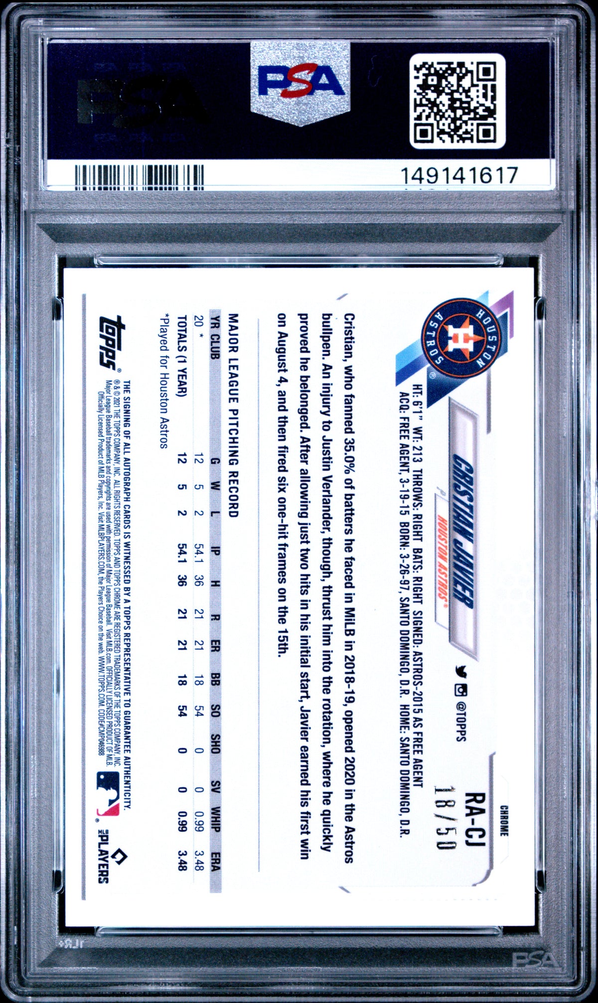 2021 Topps Chrome Sapphire Rookie Autographs Cristian Javier Green #RACJ PSA 10