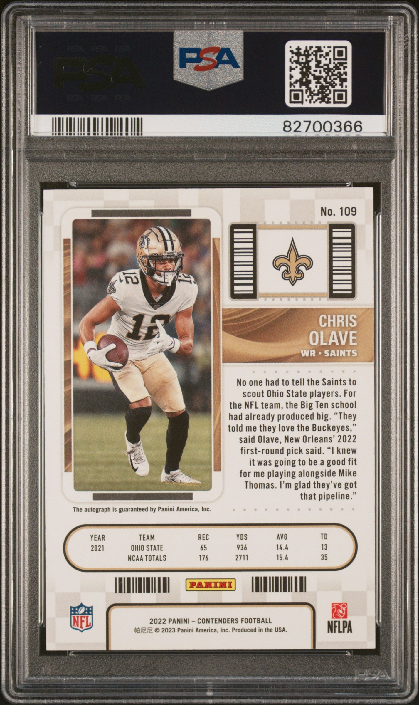 2022 Panini Contenders Chris Olave Autograph Rookie PSA 10 New Orleans Saints