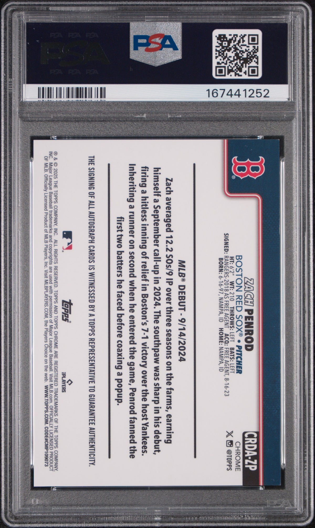 2025 Topps Chrome Update Rookie Debut Autographs Zach Penrod Rookie PSA 9 MINT