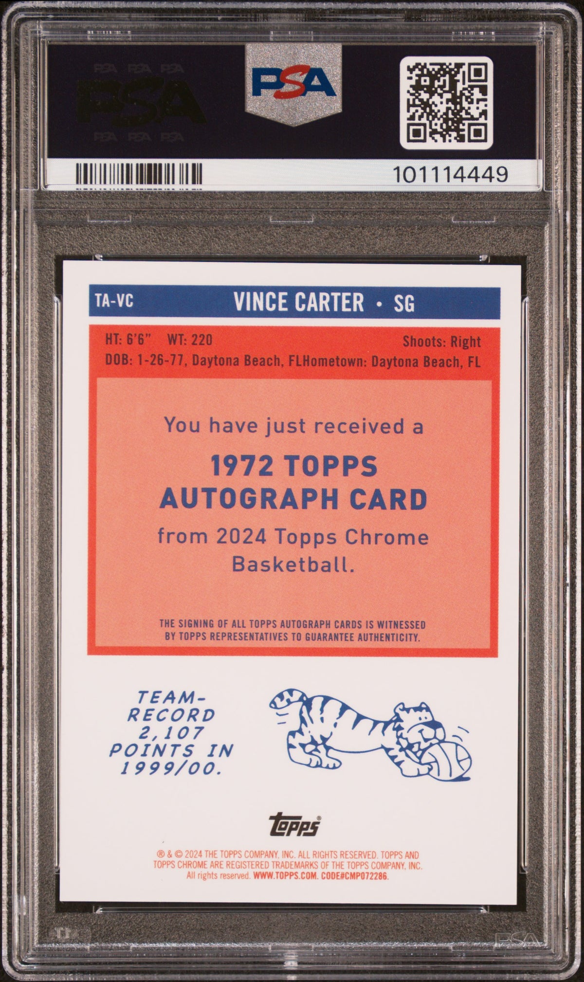 2023 Topps Chrome Autographs Vince Carter Black Wave Ref 03/10 PSA 10