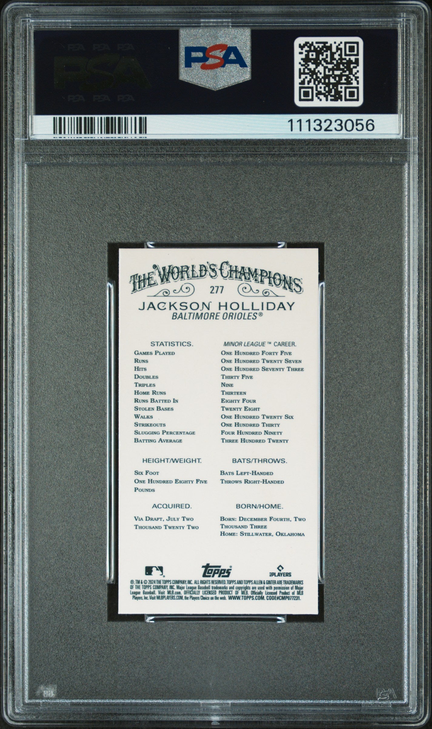 2024 Topps Allen & Ginter Jackson Holliday Chrome Mini Rookie PSA 10 Orioles