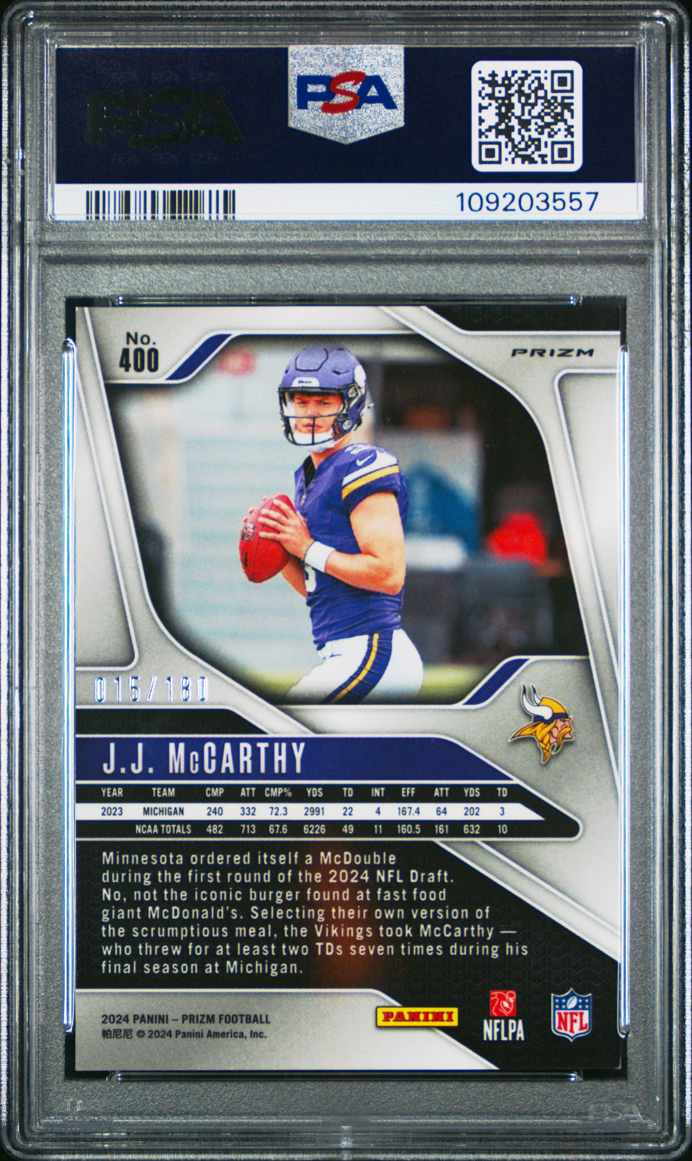 2024 Panini Prizm JJ Mccarthy Hyper Rookie 015/180 #400 PSA 10 Minnesota Vikings