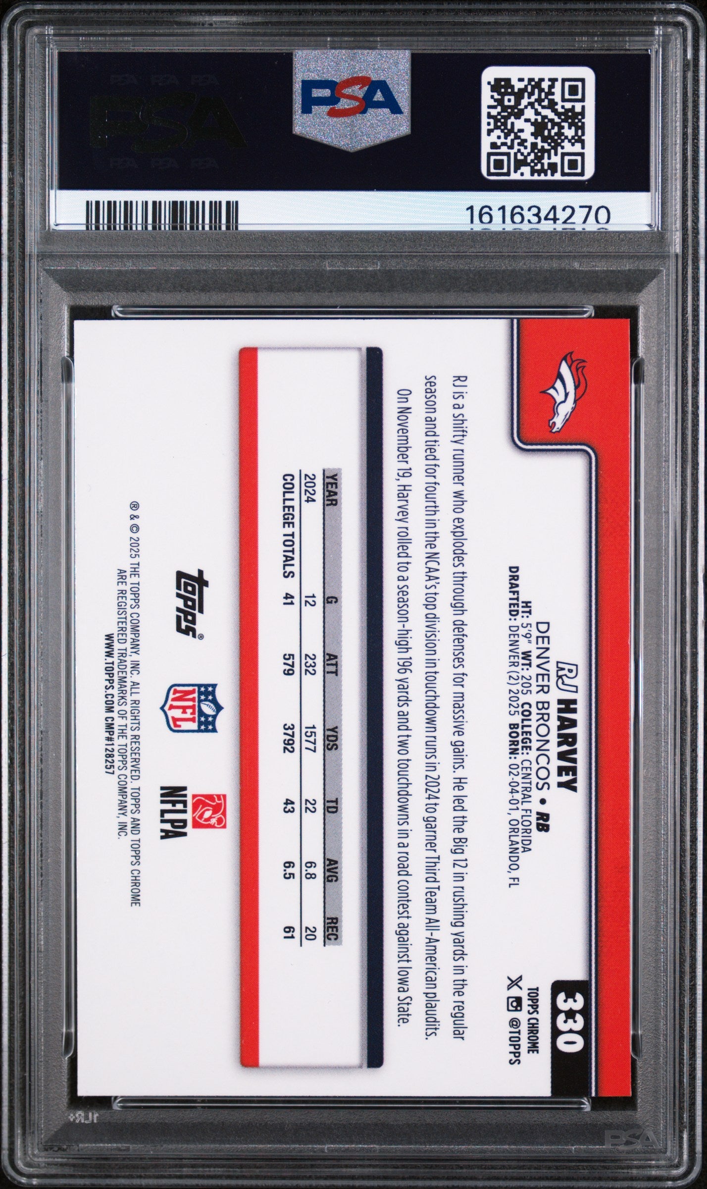 2025 Topps Chrome RJ Harvey Teal Wave 058/289 #330 PSA 10