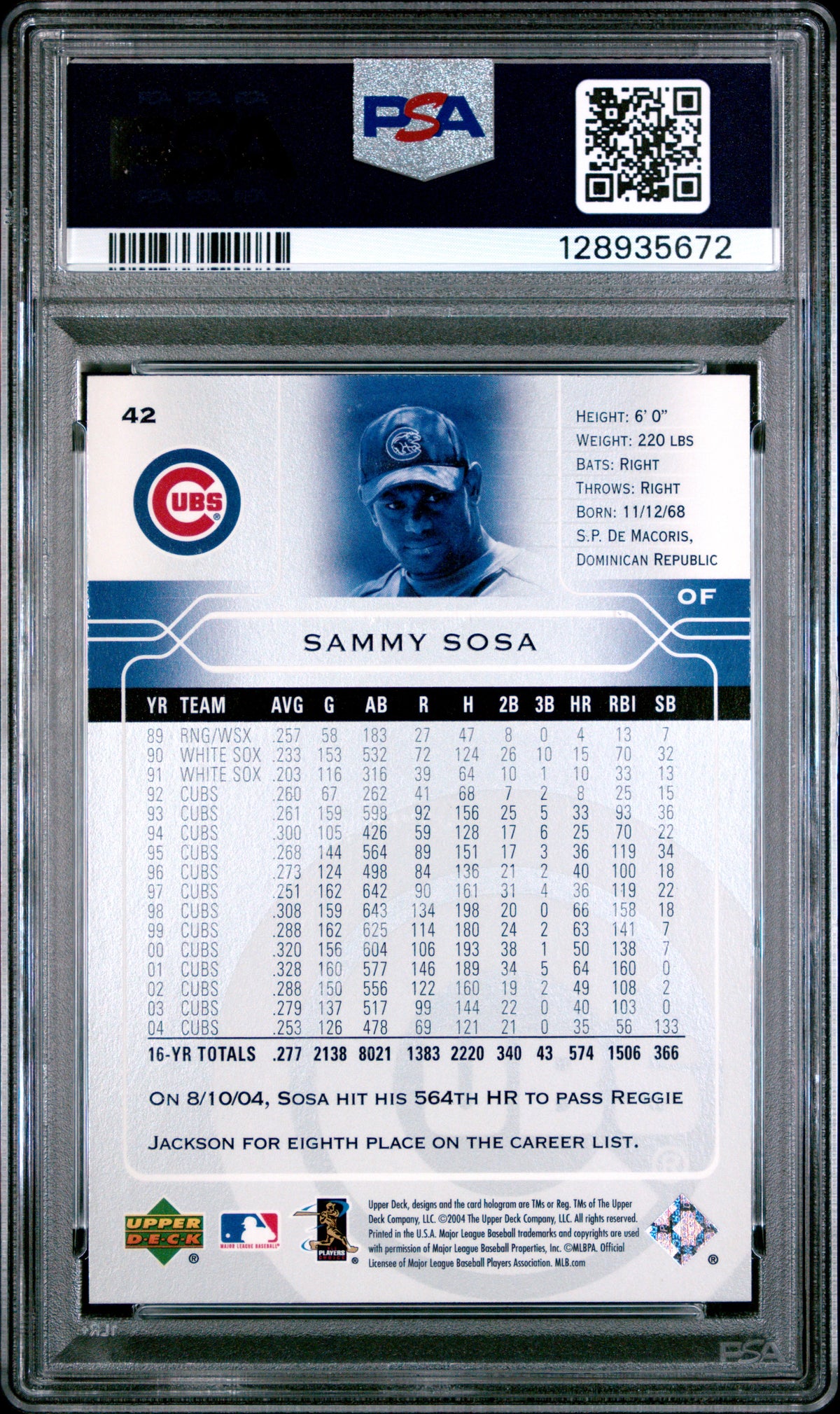 2005 Upper Deck Sammy Sosa #42 PSA 10