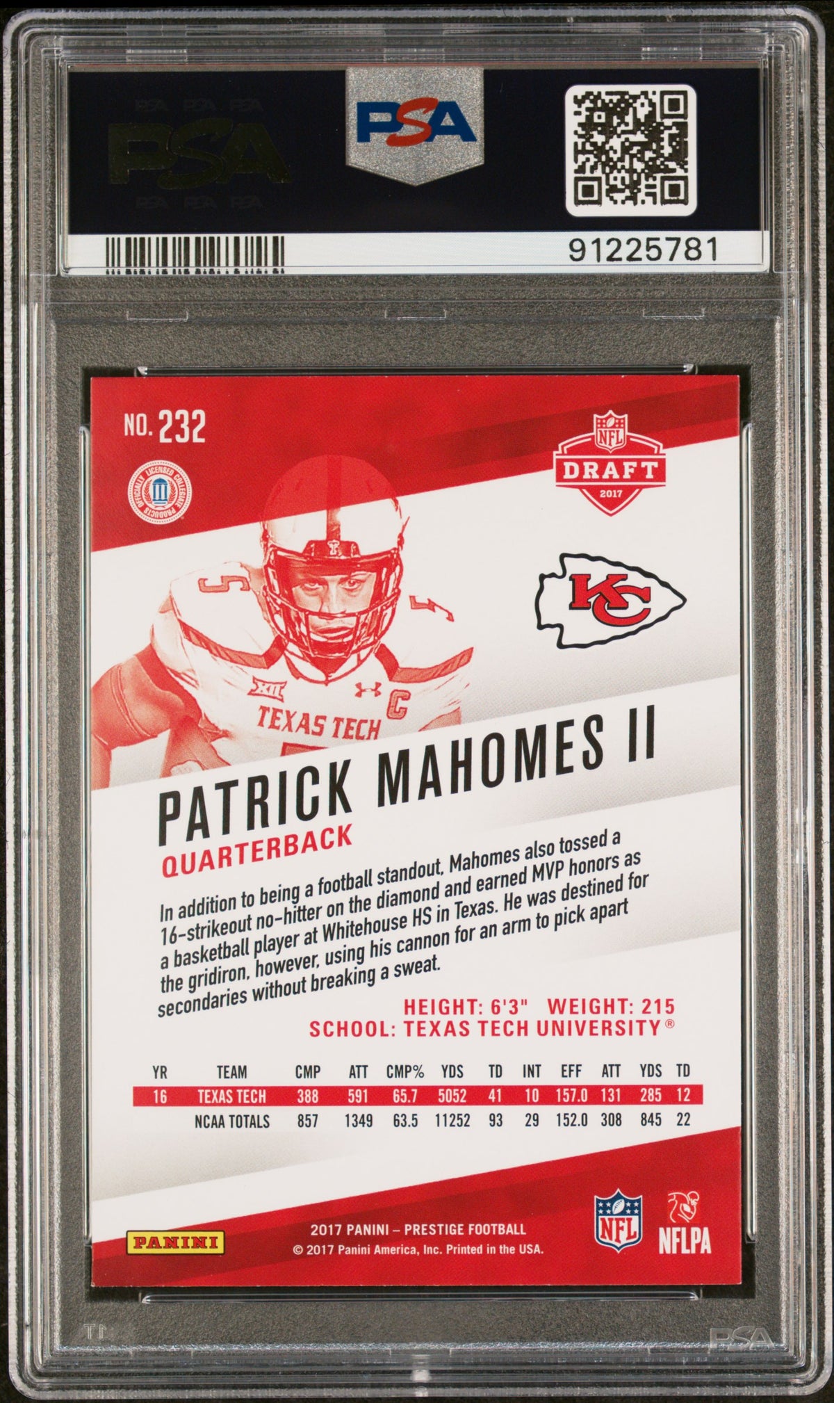 2017 Panini Prestige Patrick Mahomes II Rookie #232 PSA 9 Texas Tech Red Raiders