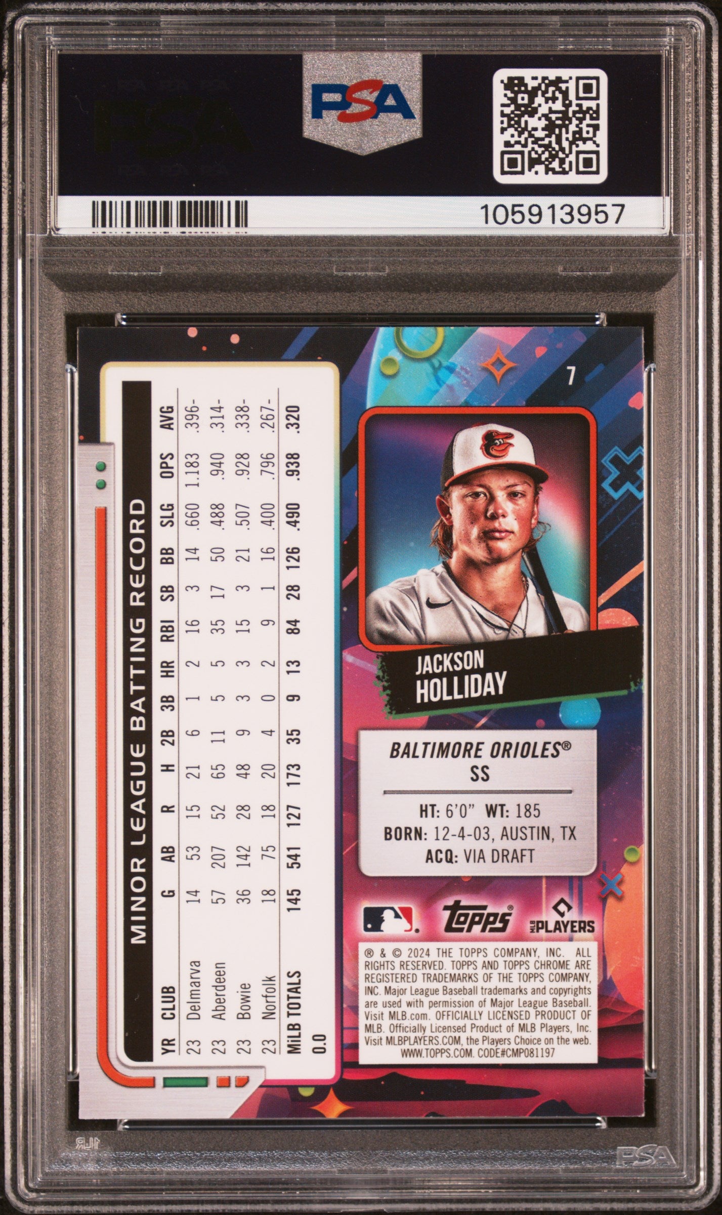 2024 Topps Chrome Cosmic Jackson Holliday Rookie #7 PSA 9 Baltimore Orioles
